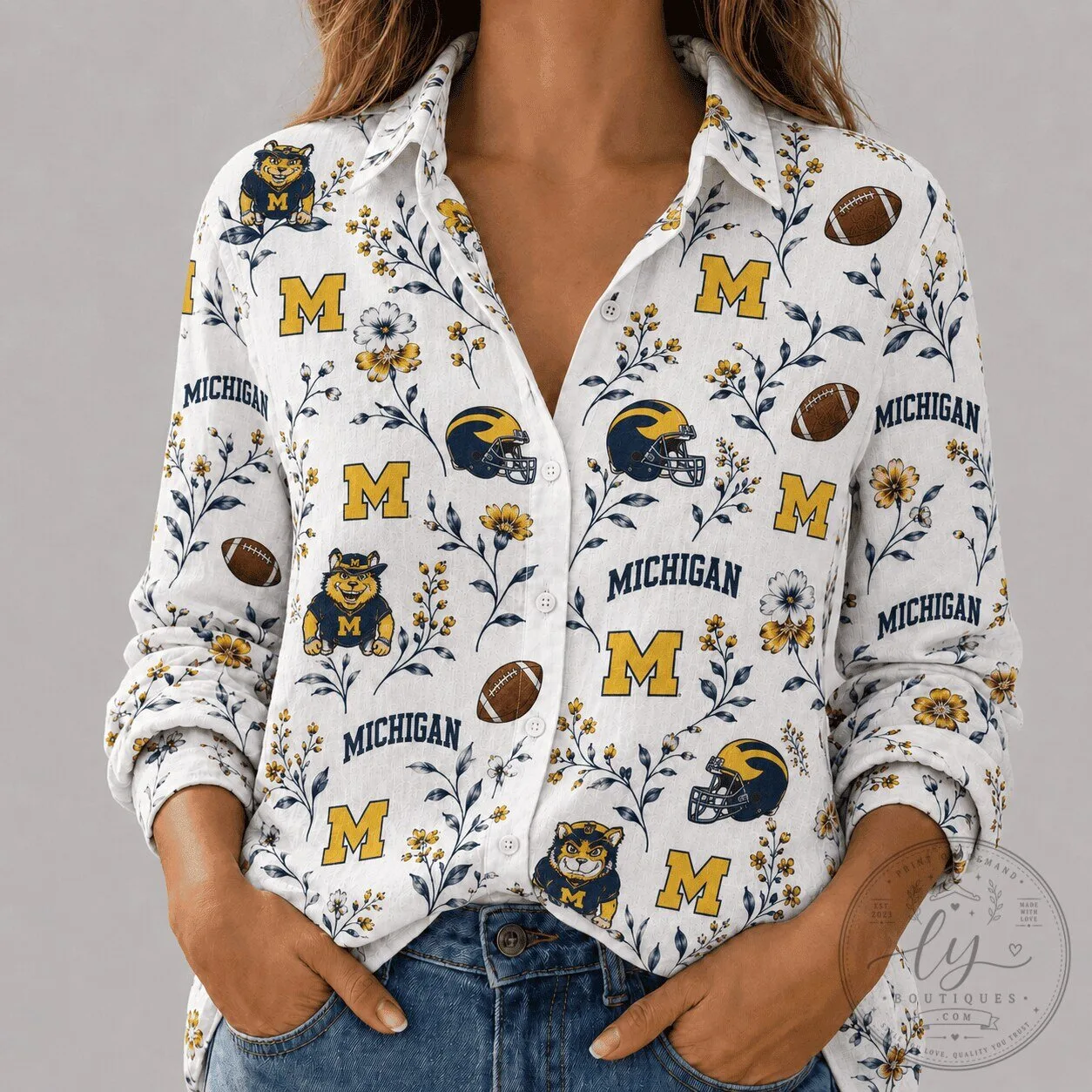 Michigan Wolverines Floral Pattern Button Down Long Sleeve Shirt