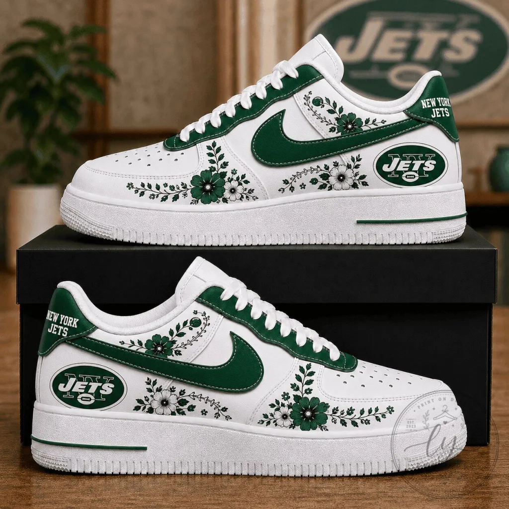 New York Jets Floral Pattern White and Green Custom Nike Air Force 1 Shoes New York Jets Floral Pattern White and Green Custom Nike Air Force 1 Shoes