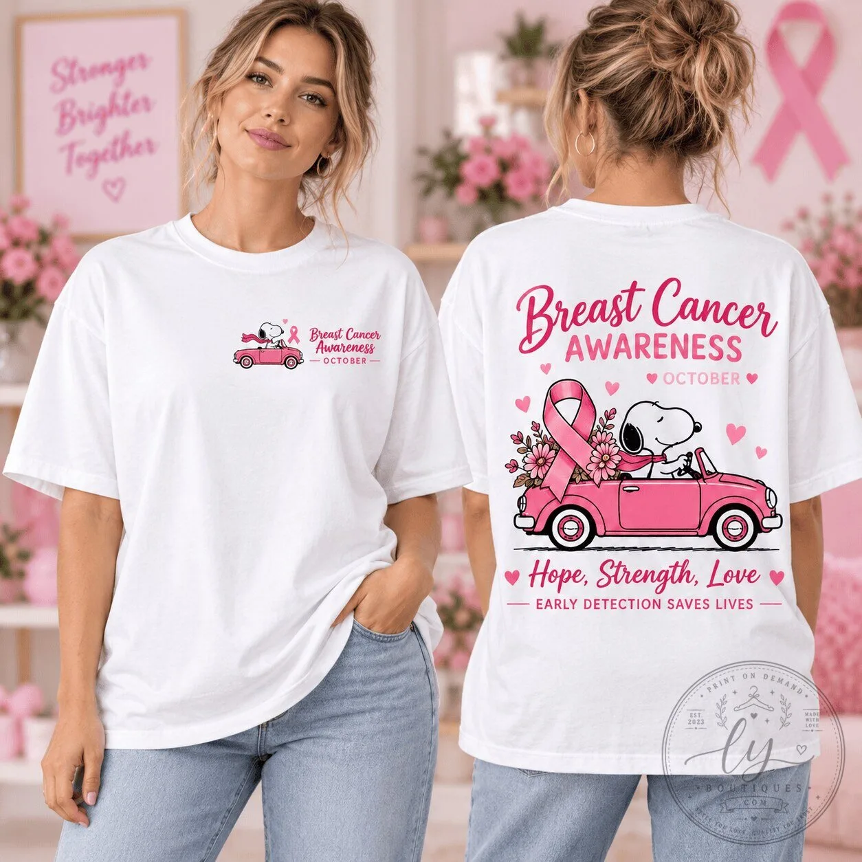 Snoopy Breast Cancer Awareness Hope Strength Love October T-Shirt