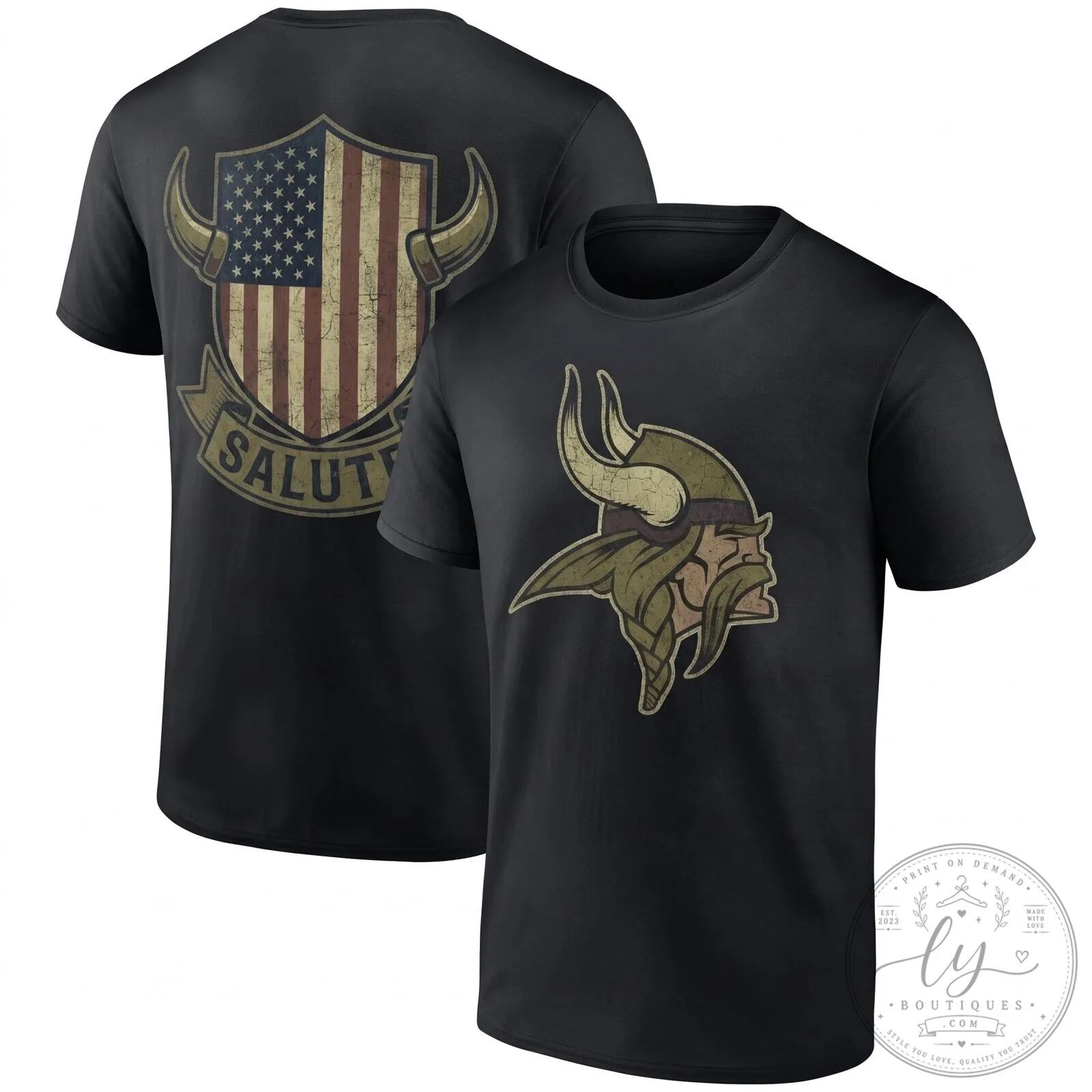 Minnesota Vikings Salute To Service American Flag Distressed Black T-Shirt