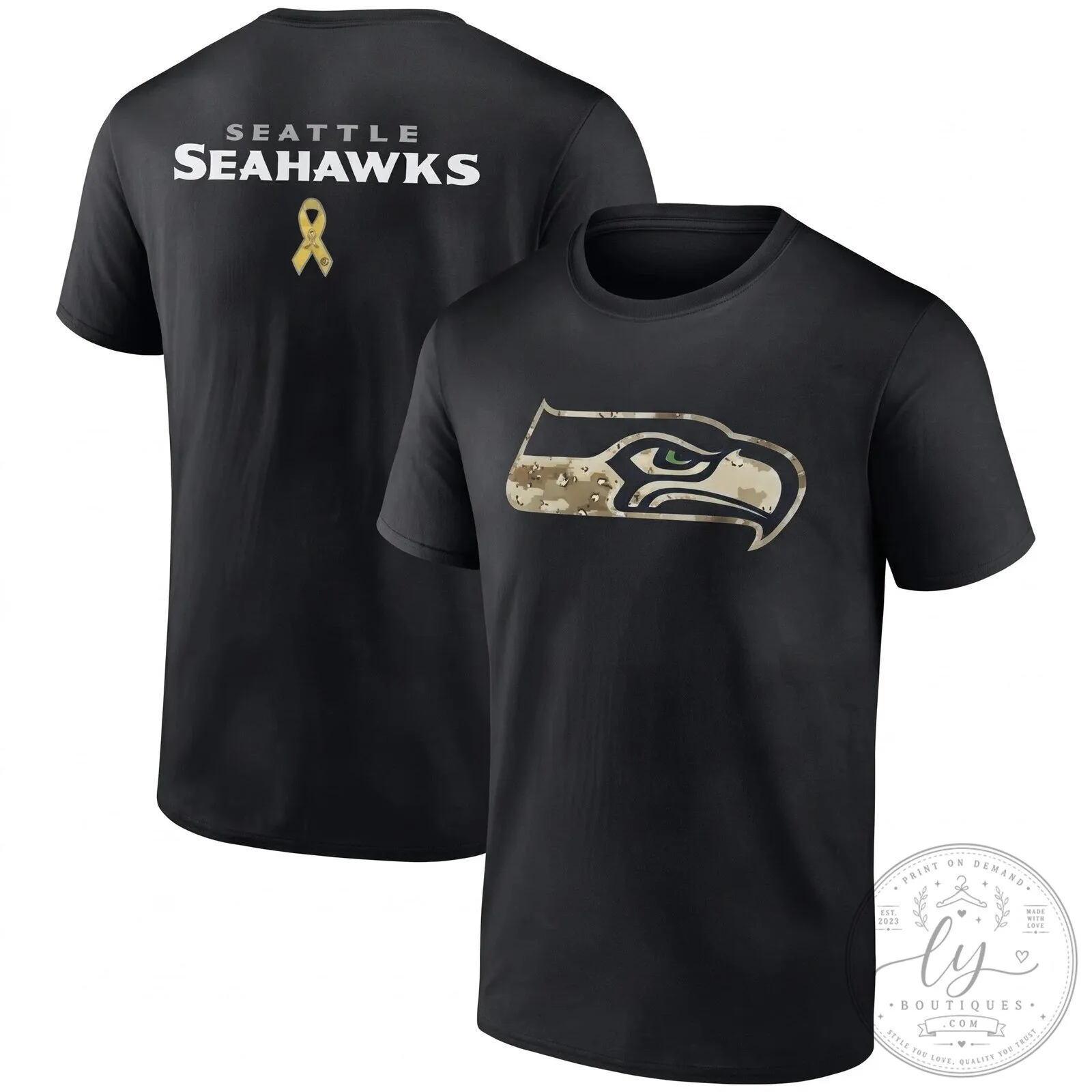 Seattle Seahawks Salute To Service Camouflage Logo Black T-Shirt