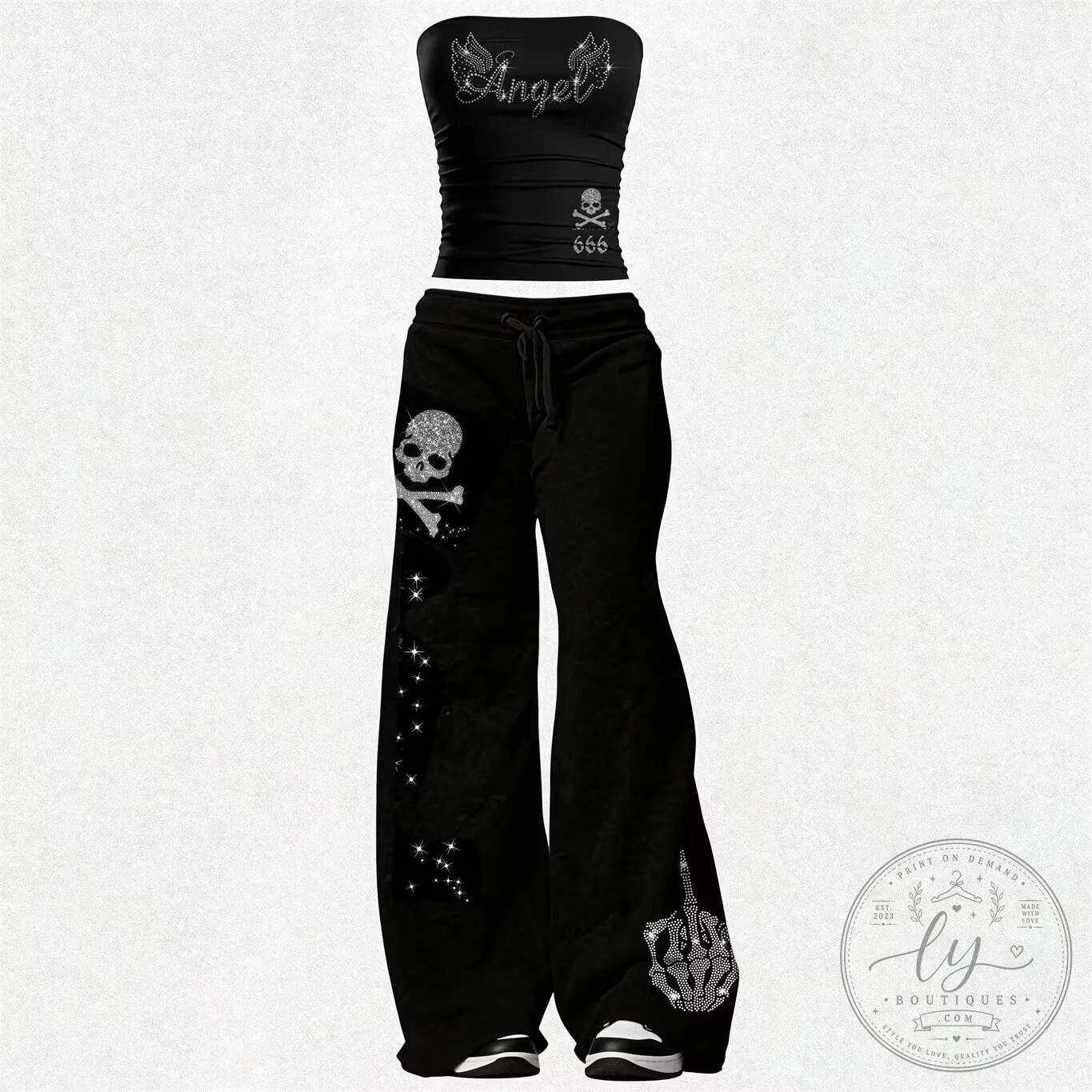 Vintage Angel Skull Bandeau Top and Elasticated Trousers Two-Piece Set