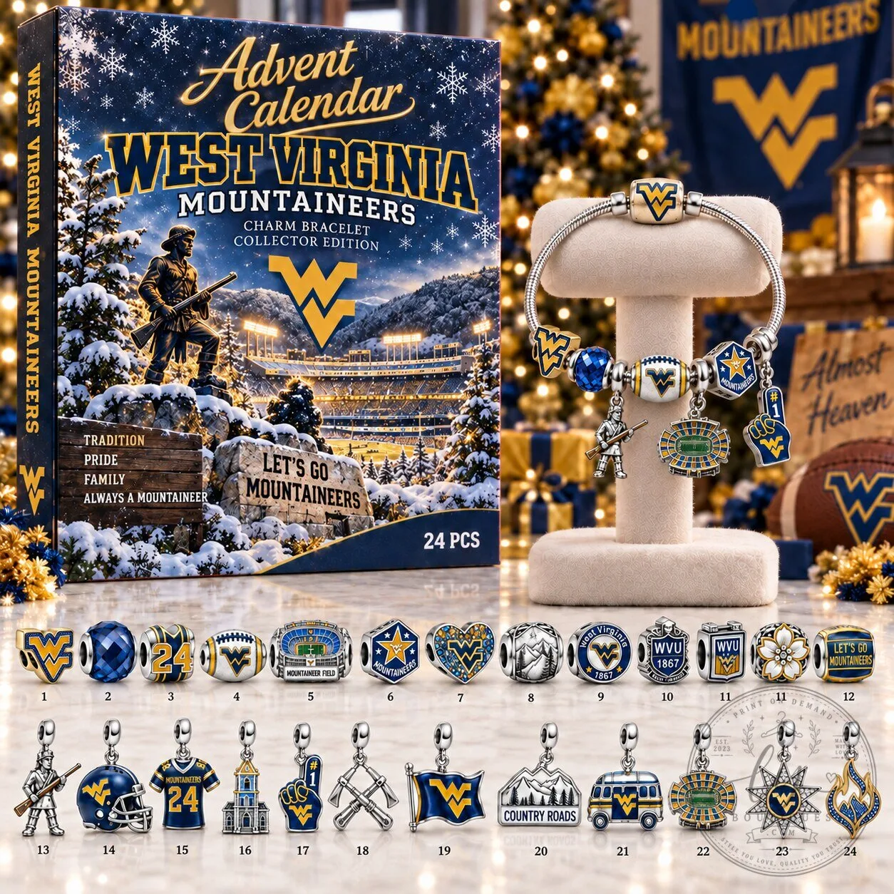West Virginia Mountaineers Advent Calendar Charm Bracelet Collector Edition Set