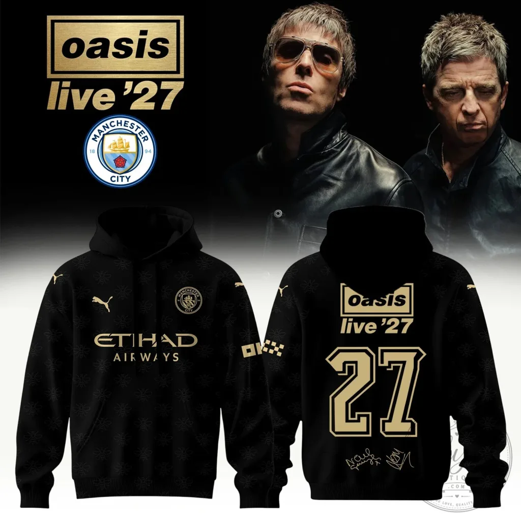 Oasis Live 27 Manchester City Football Club Black Hoodie with Etihad Airways Logo Oasis Live 27 Manchester City Football Club Black Hoodie with Etihad Airways Logo