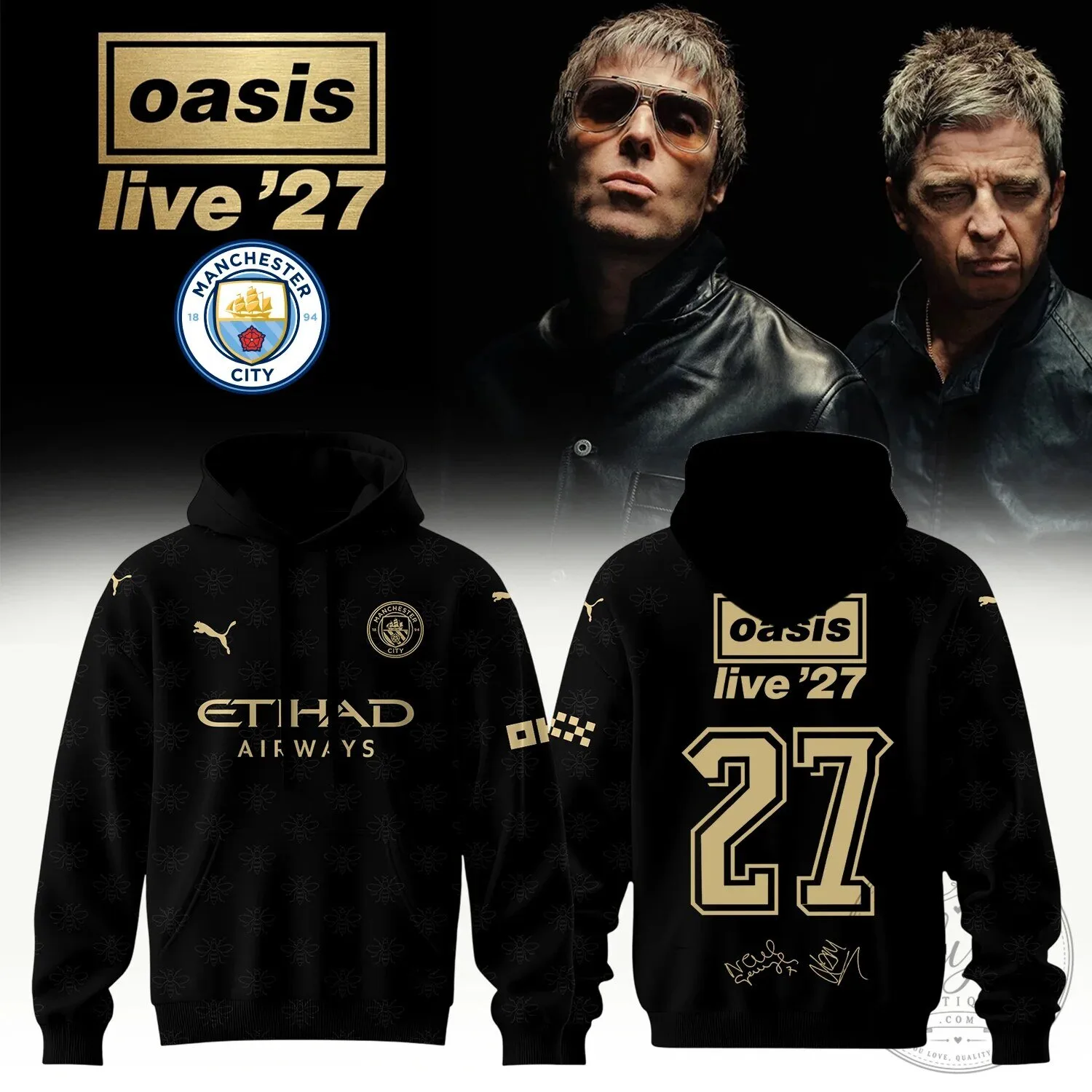 Oasis Live 27 Manchester City Football Club Black Hoodie with Etihad Airways Logo