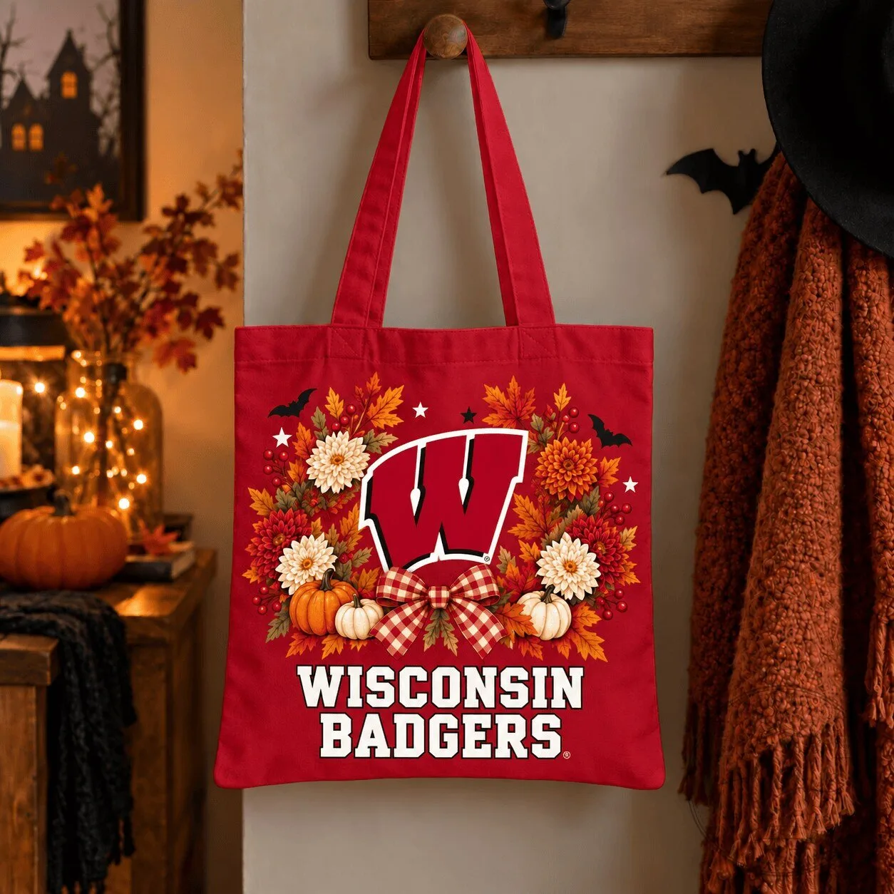 Wisconsin Badgers Autumn Floral Wreath Halloween Red Tote Bag
