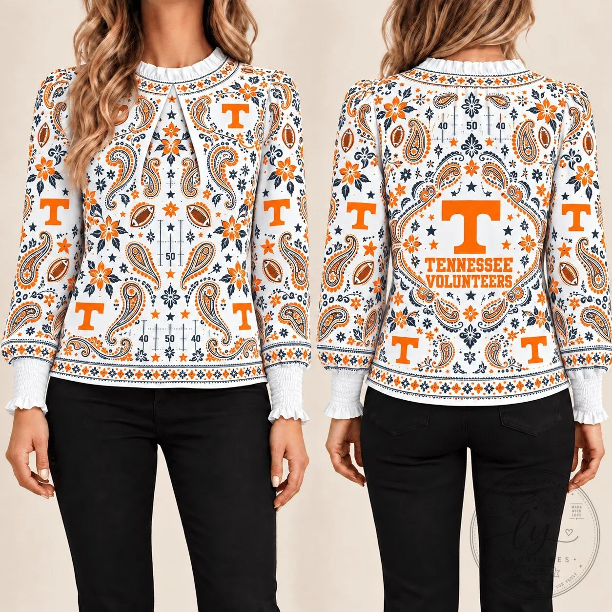Tennessee Volunteers Paisley Pattern Long-Sleeve Blouse for Women 1 Tennessee Volunteers Paisley Pattern Long-Sleeve Blouse for Women