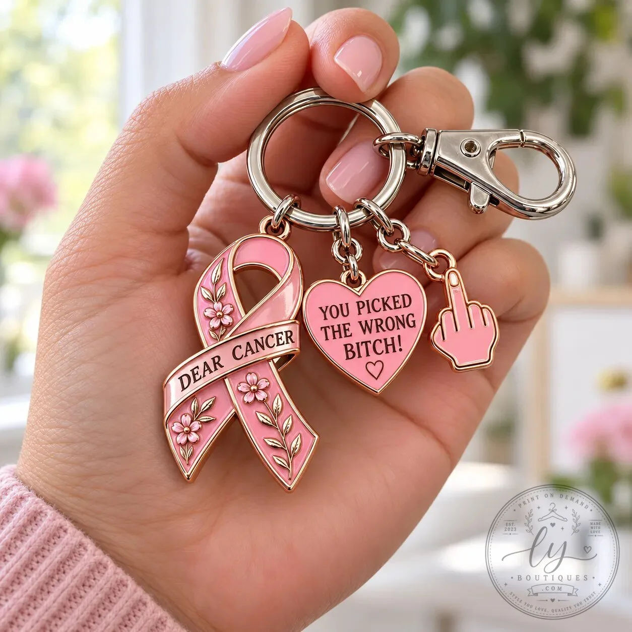 Dear Cancer You Picked The Wrong Bitch Pink Ribbon Keychain