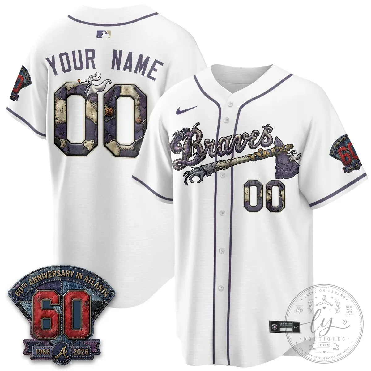 Atlanta Braves Nightmare Before Christmas 60th Anniversary Baseball Jersey 10 Atlanta Braves Nightmare Before Christmas 60th Anniversary Baseball Jersey