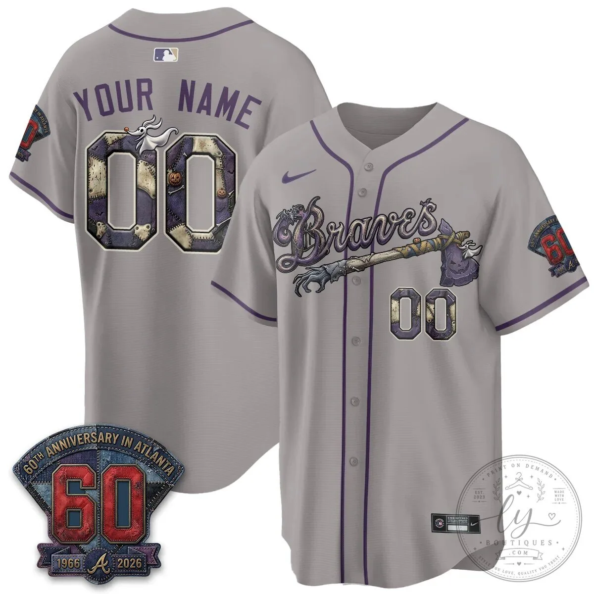 Atlanta Braves Nightmare Before Christmas 60th Anniversary Baseball Jersey 12 Atlanta Braves Nightmare Before Christmas 60th Anniversary Baseball Jersey