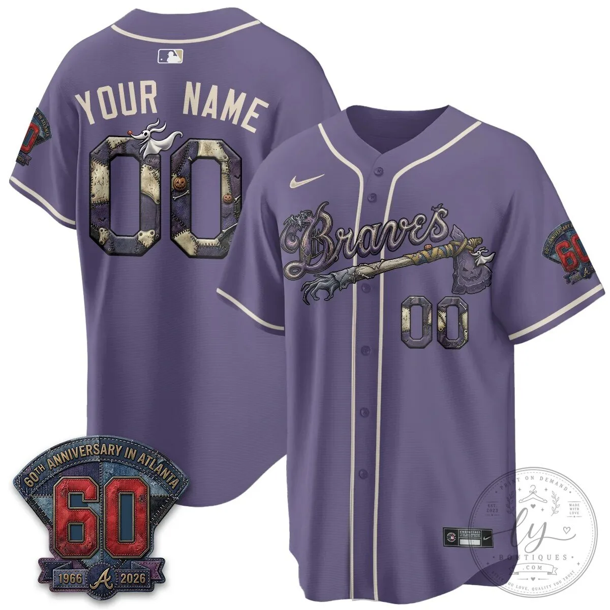 Atlanta Braves Nightmare Before Christmas 60th Anniversary Baseball Jersey 13 Atlanta Braves Nightmare Before Christmas 60th Anniversary Baseball Jersey