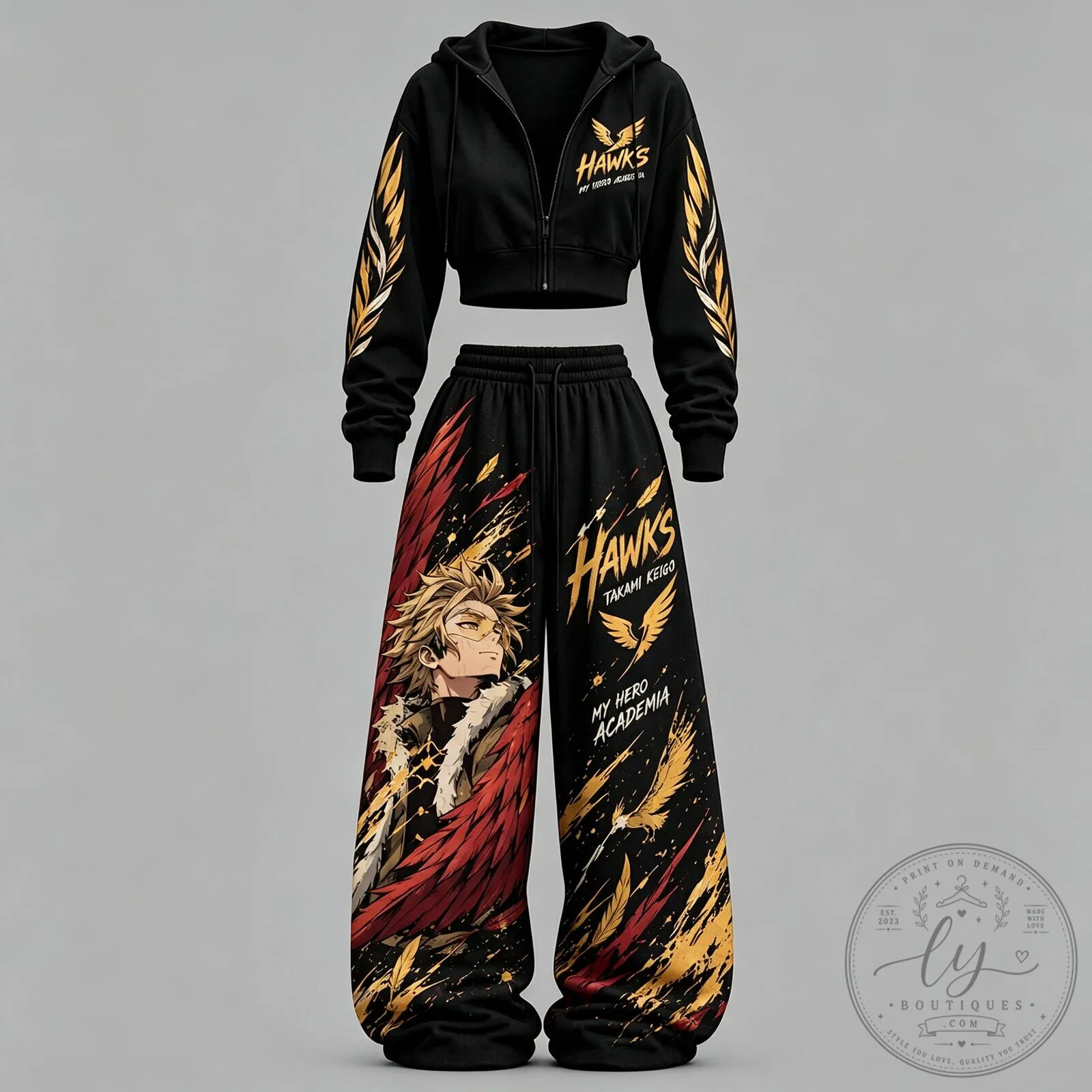 My Hero Academia Hawks Takami Keigo Black Cropped Hoodie and Pants Set