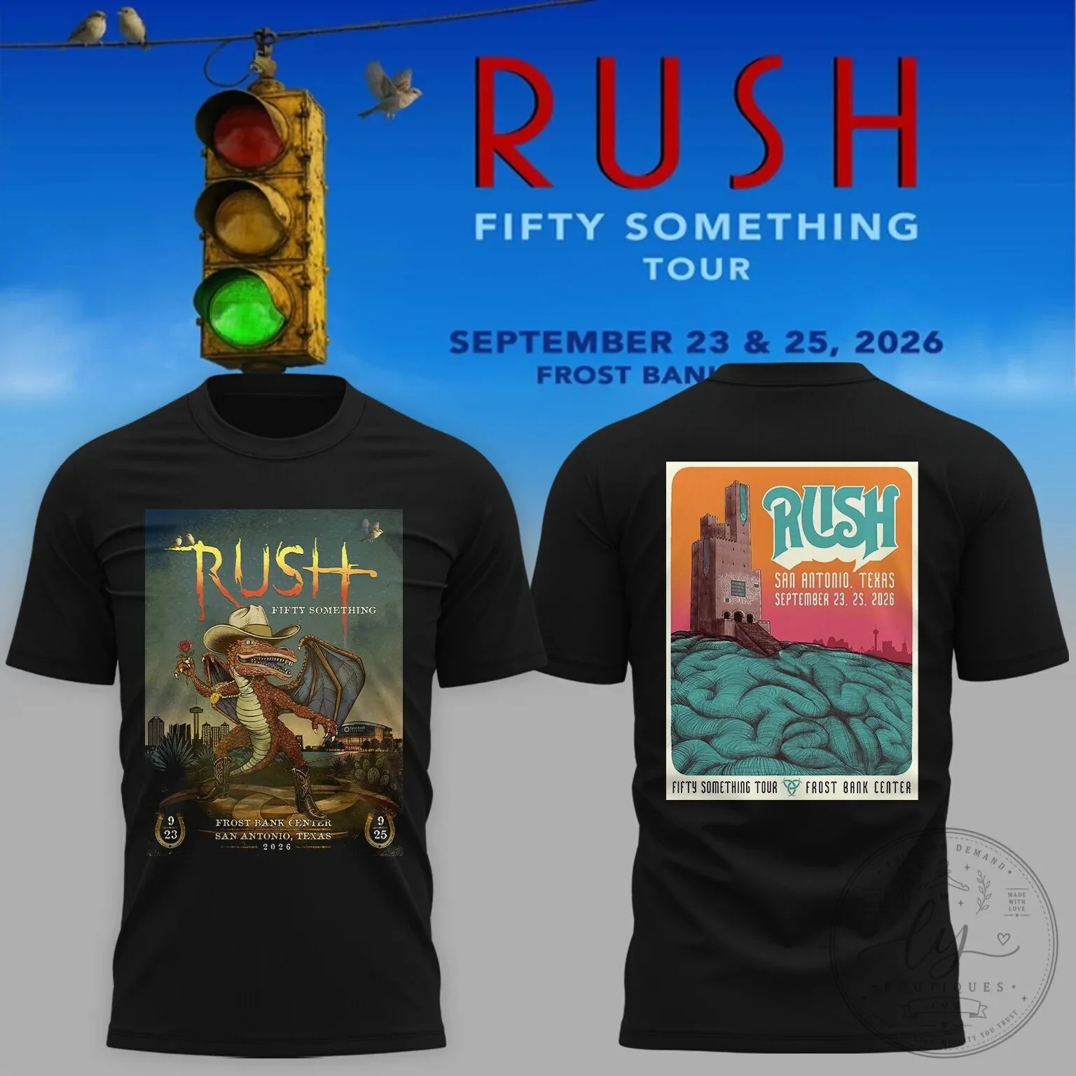 Black T-Shirt for Rush Fifty Something Tour 2026 in San Antonio, Texas