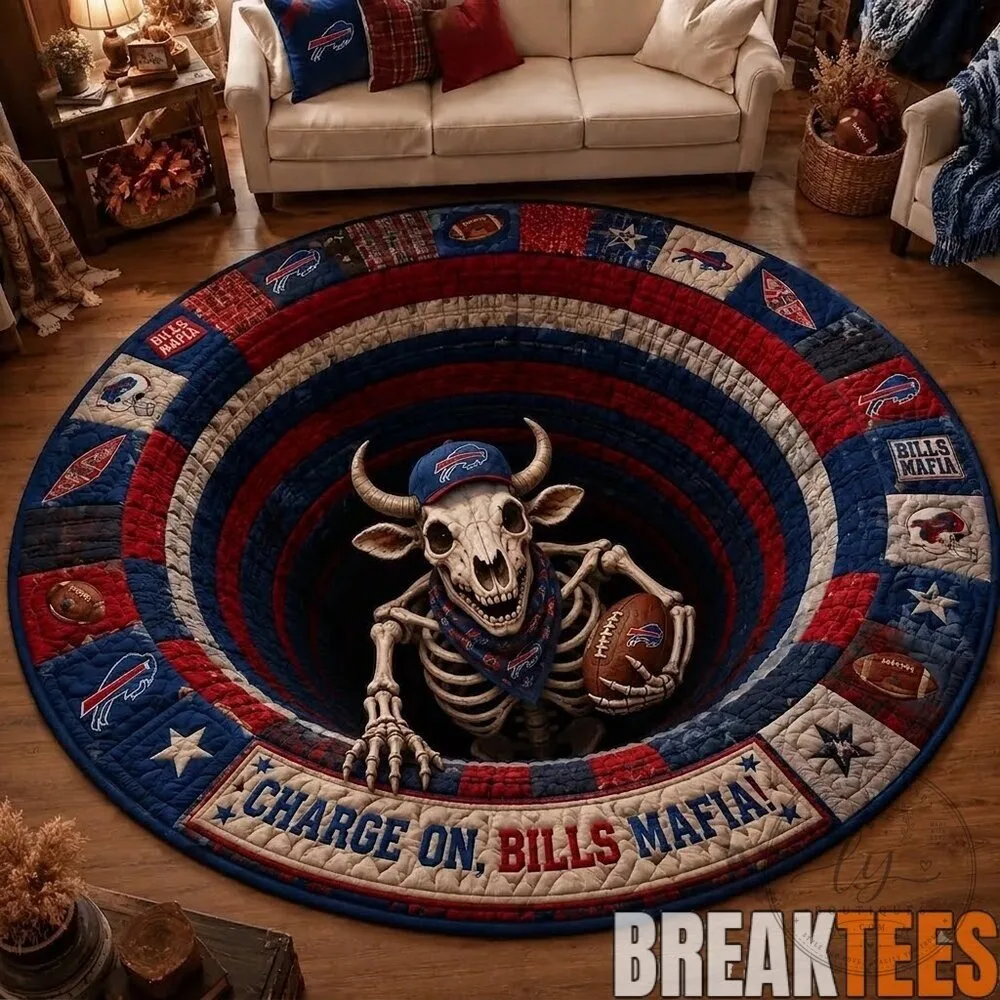 Buffalo Bills Mafia Skeleton Charge On Round Quilted Rug