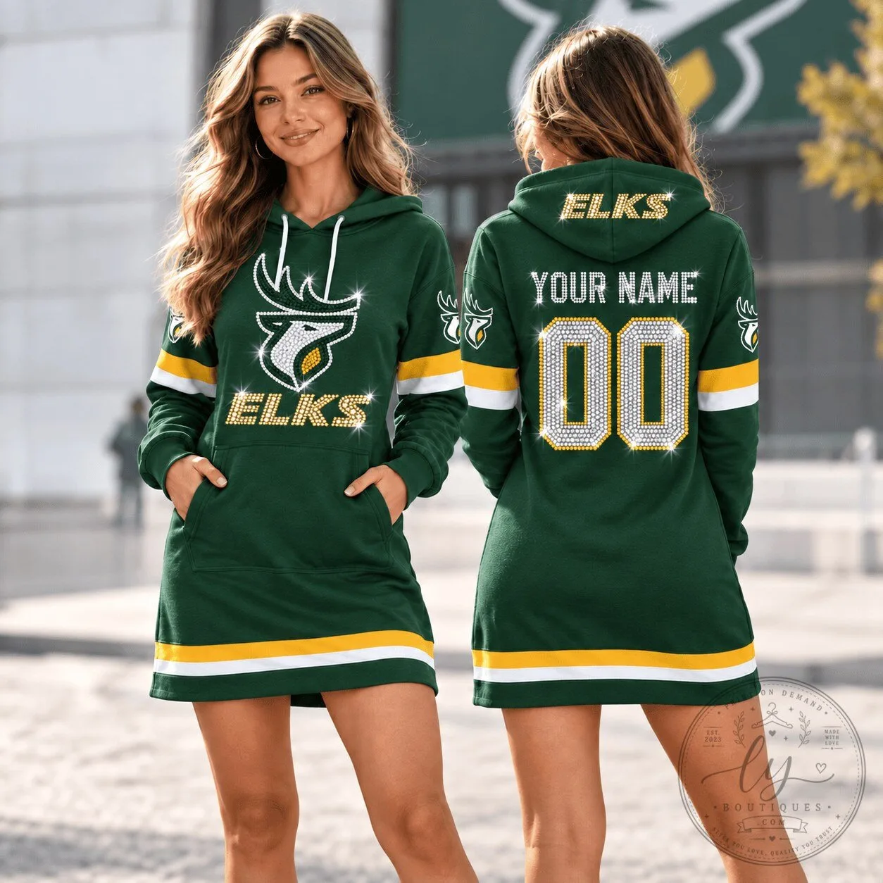 Edmonton Elks Canadian Football League Rhinestone Hoodie Dress Custom Name Number