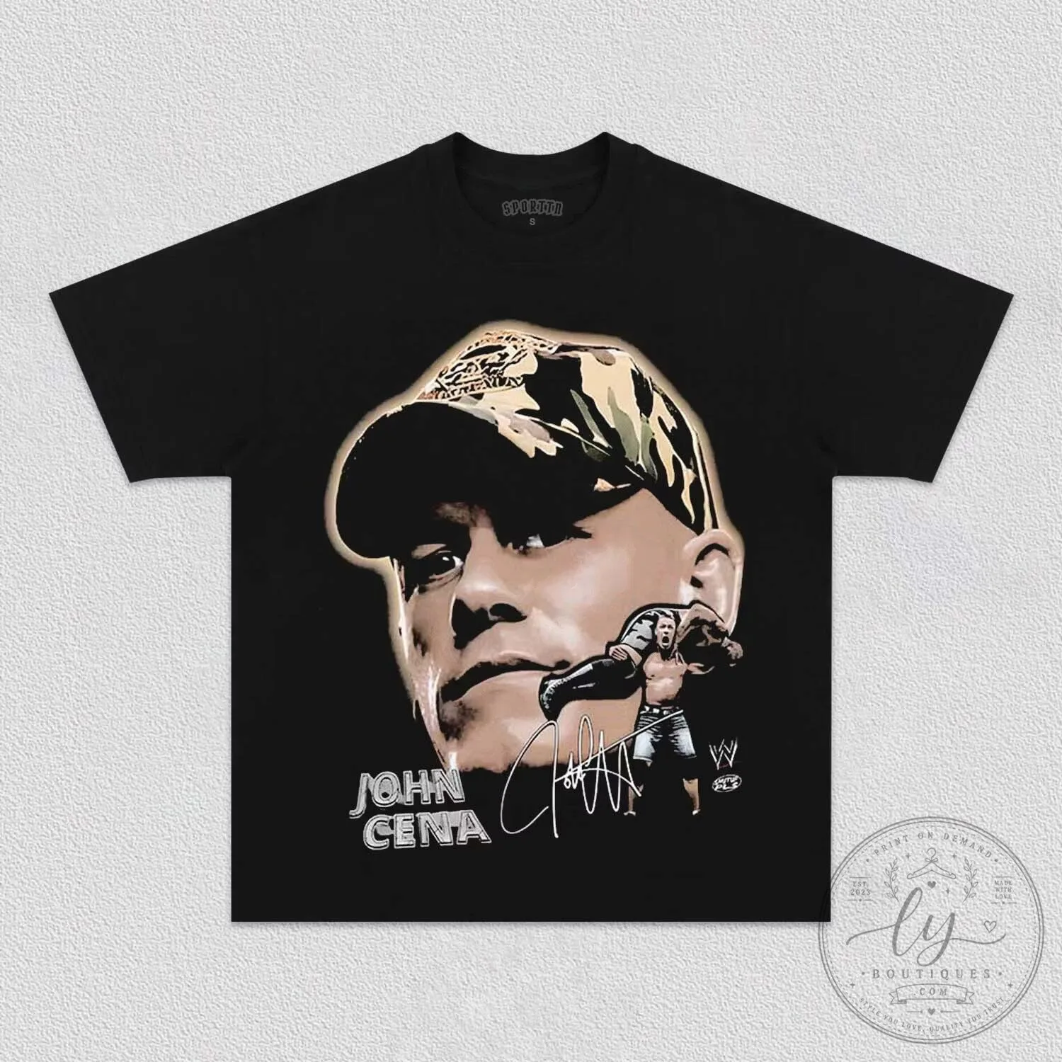John Cena Camouflage Hat WWE Wrestler Graphic T-Shirt 2 John Cena Camouflage Hat WWE Wrestler Graphic T-Shirt