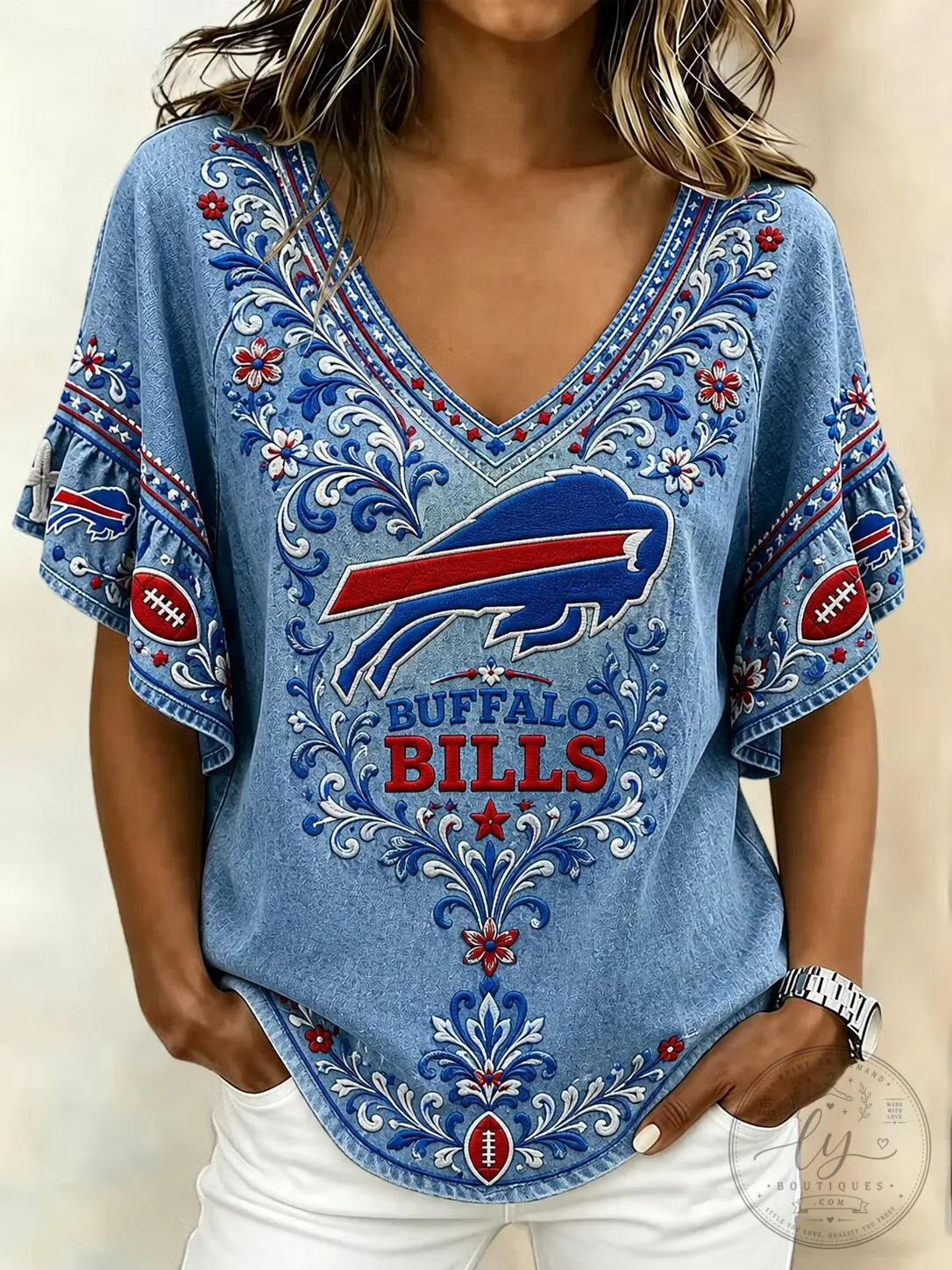 Buffalo Bills Floral Embroidered V-Neck Short Sleeve Women's T-Shirt