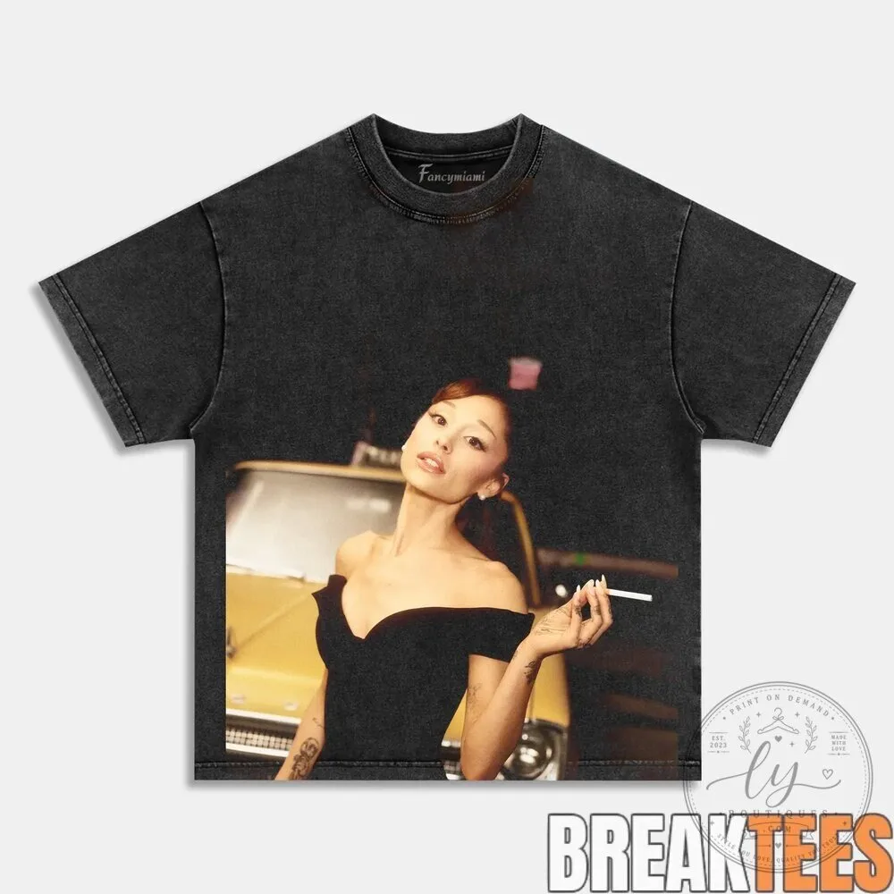 Ariana Grande Glamour Chair Pose Black Washed Cotton T-Shirt 1 Ariana Grande Glamour Chair Pose Black Washed Cotton T-Shirt