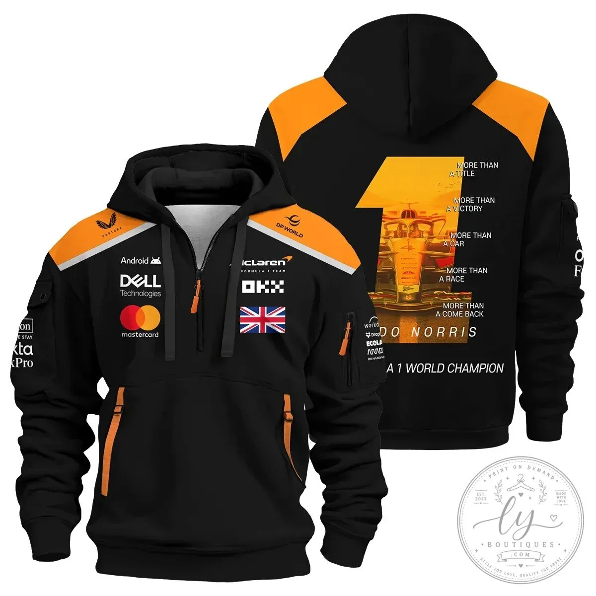 Lando Norris McLaren Formula 1 Racing Team Black and Orange Hoodie 2 Lando Norris McLaren Formula 1 Racing Team Black and Orange Hoodie