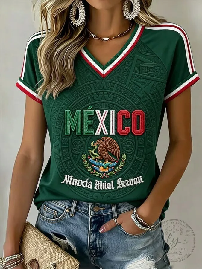 Women's Casual V-Neck Short Sleeve T-Shirt for Mexico Soccer 1 Women's Casual V-Neck Short Sleeve T-Shirt for Mexico Soccer