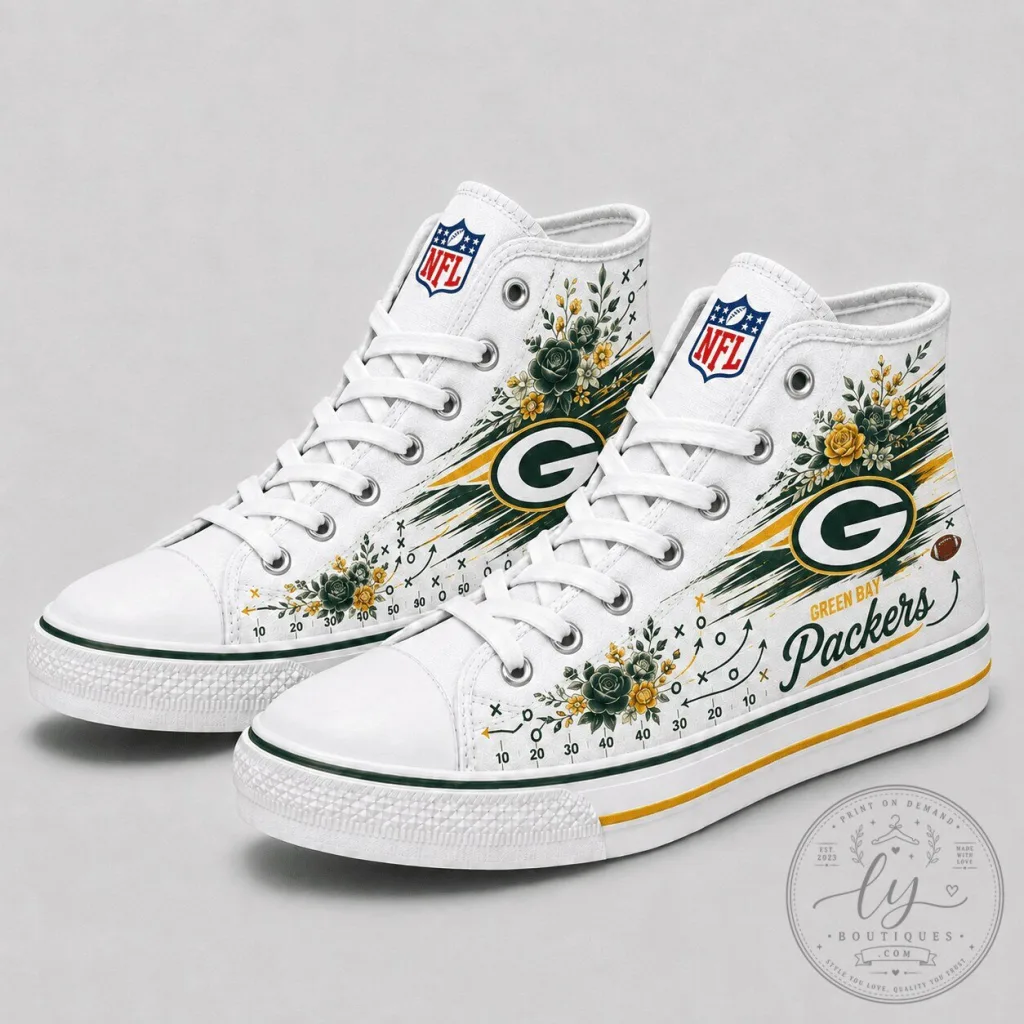 Green Bay Packers Floral Design High Top Canvas Shoes