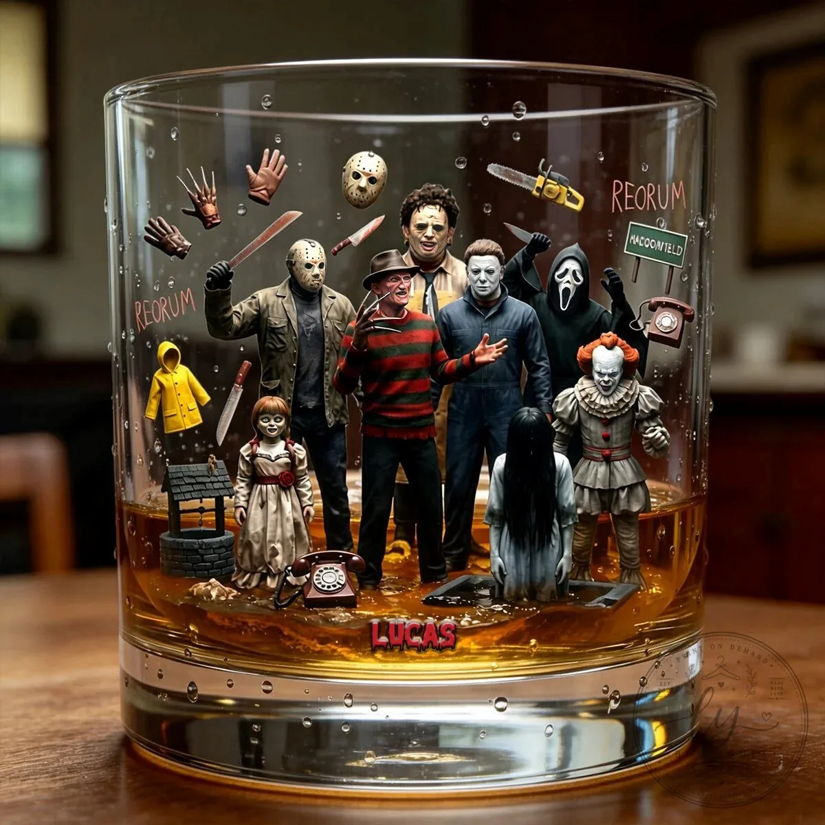 Horror Movie Villains Whiskey Glass, Scary Halloween Characters Drinking Glass
