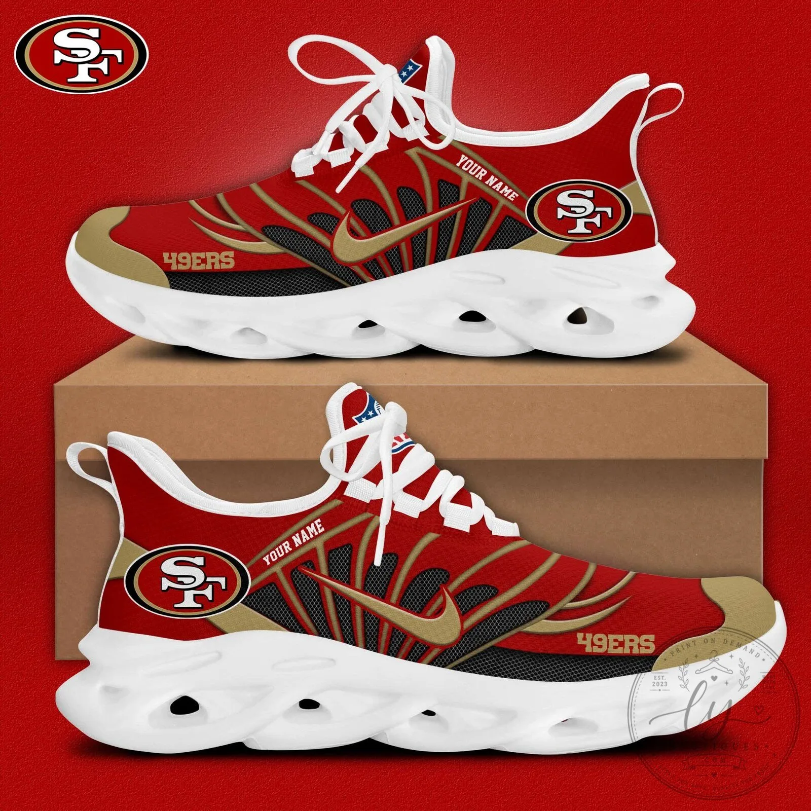 San Francisco 49ers Personalized Red Gold Max Soul Shoes