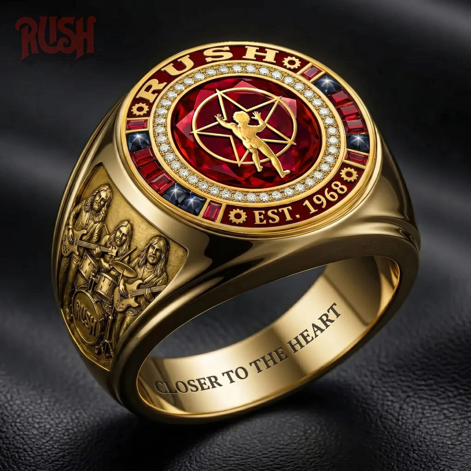 Rush Band Gold Ring with Red Gemstone and Diamond Accents