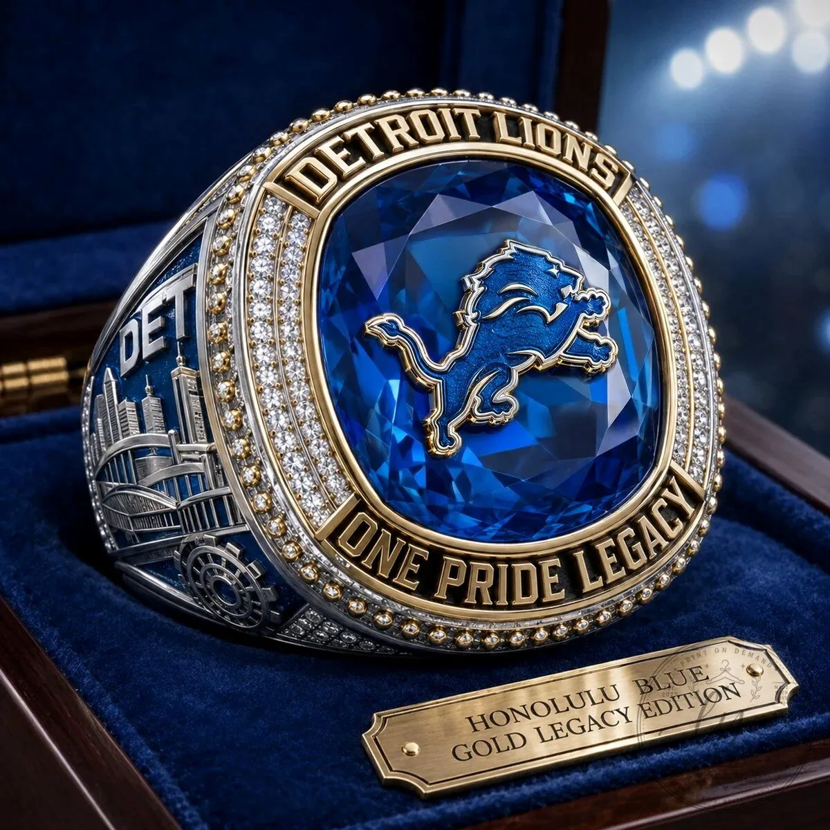 Exclusive Engraved Round Ring featuring Detroit Lions Design