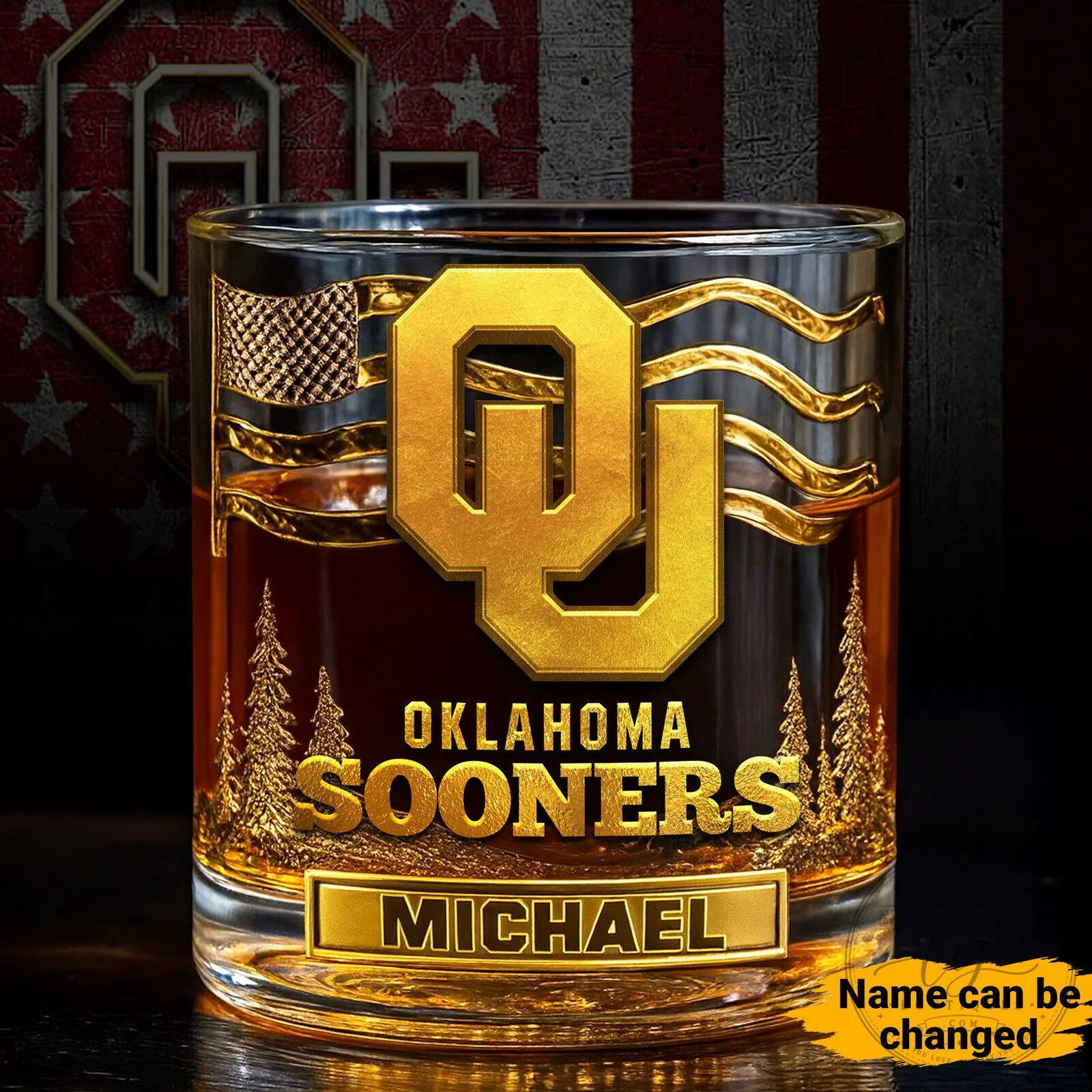 Oklahoma Sooners Personalized Gold Logo American Flag Whiskey Glass