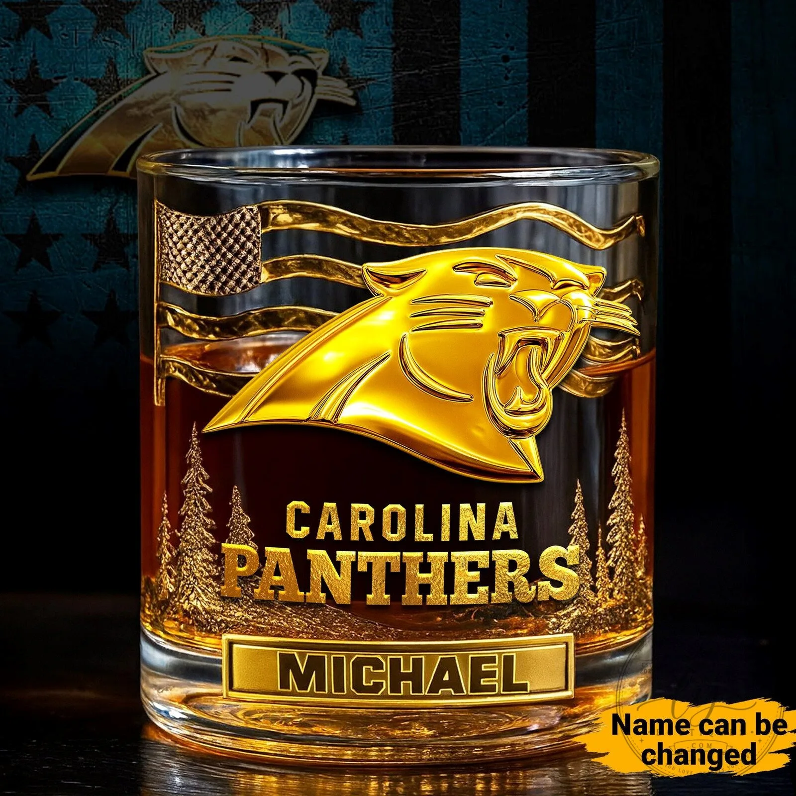 Carolina Panthers Personalized American Flag Whiskey Drinking Glass
