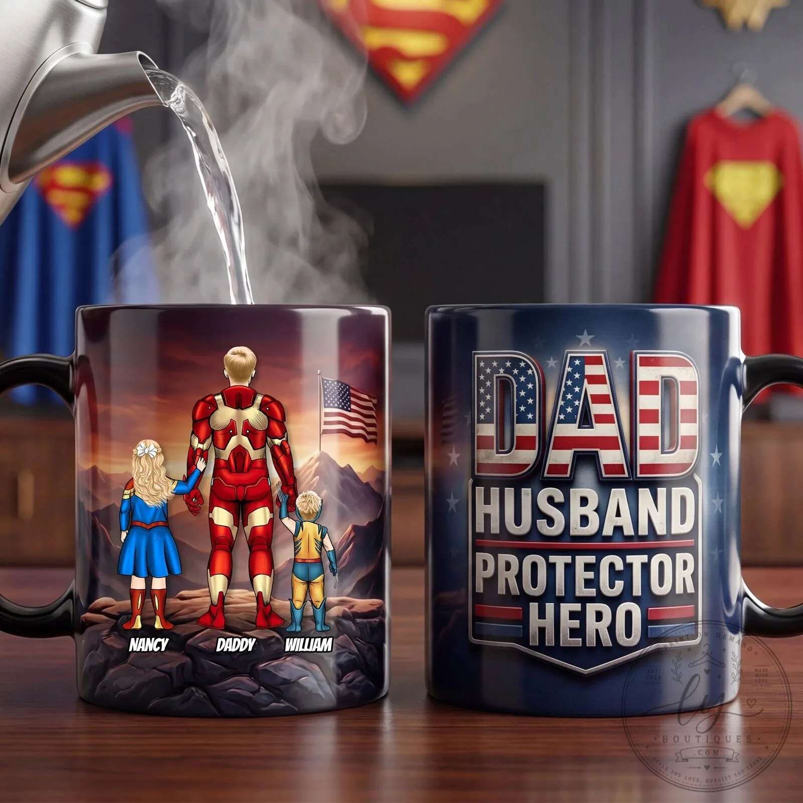 Personalized Dad Husband Protector Hero Iron Man and Kids Coffee Mug