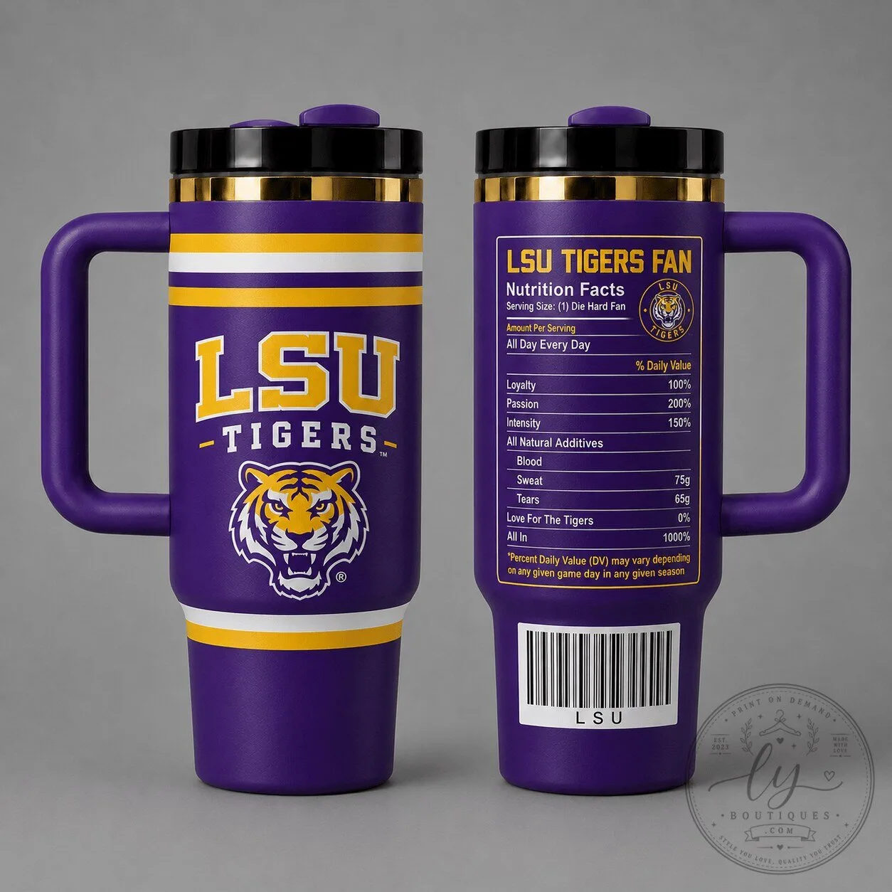 Louisiana State University Tigers Nutrition Facts Insulated Tumbler with Handle