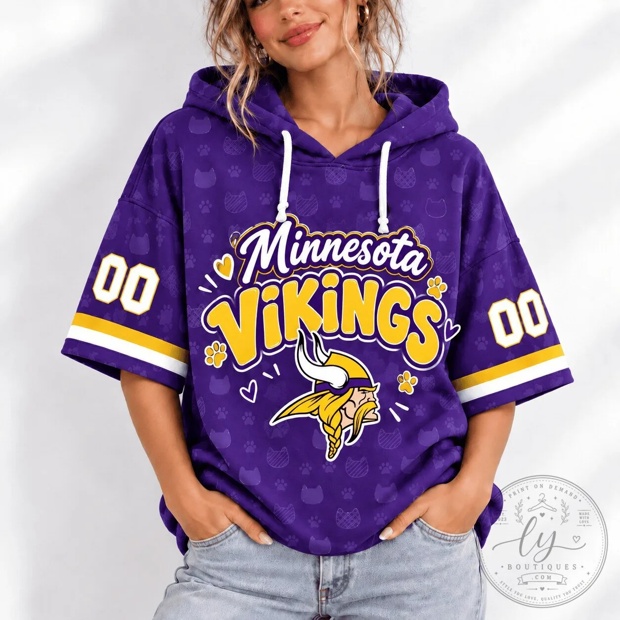 Minnesota Vikings Football Team Short Sleeve Hoodie for Women