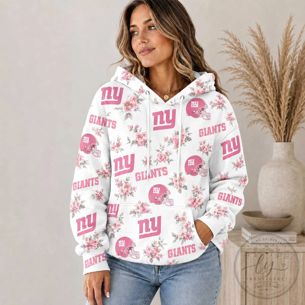 New York Giants Pink Floral Pattern NFL Football Team Hoodie for Women