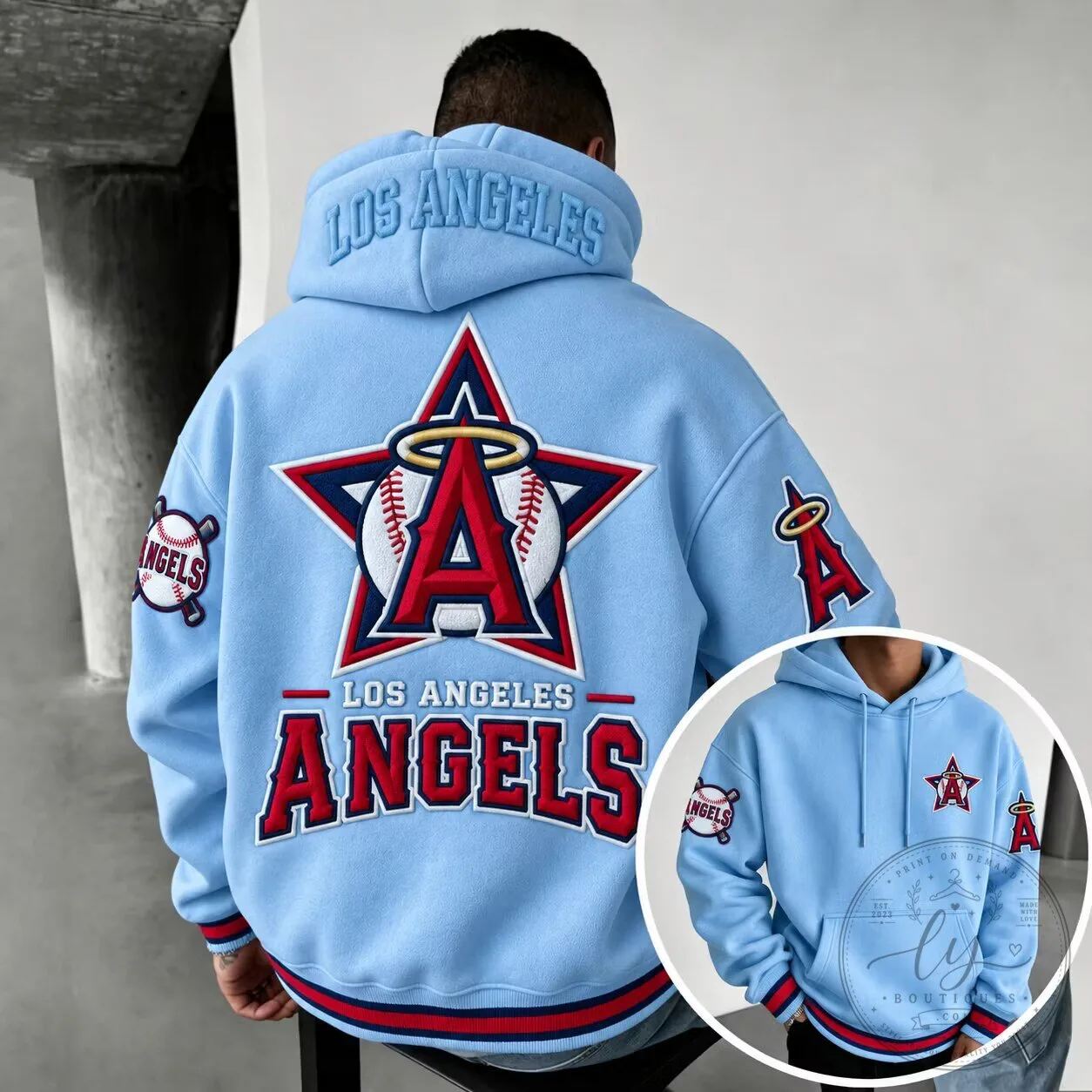 Los Angeles Angels Baseball Star Logo Embroidered Light Blue Hoodie