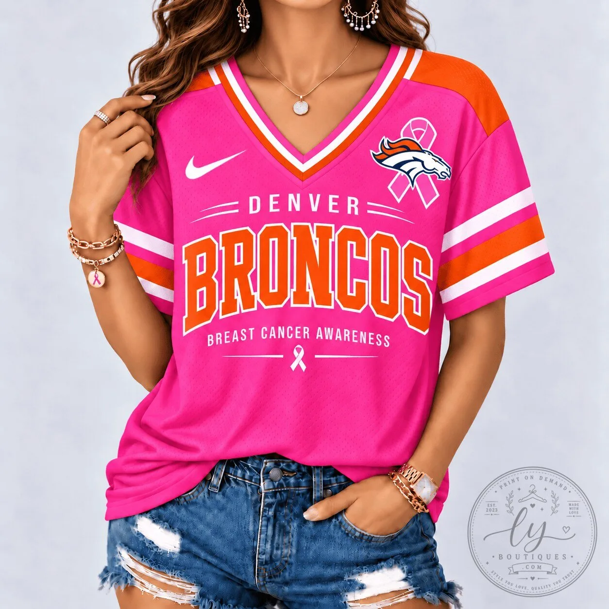 Denver Broncos Pink Breast Cancer Awareness Football Jersey for Women