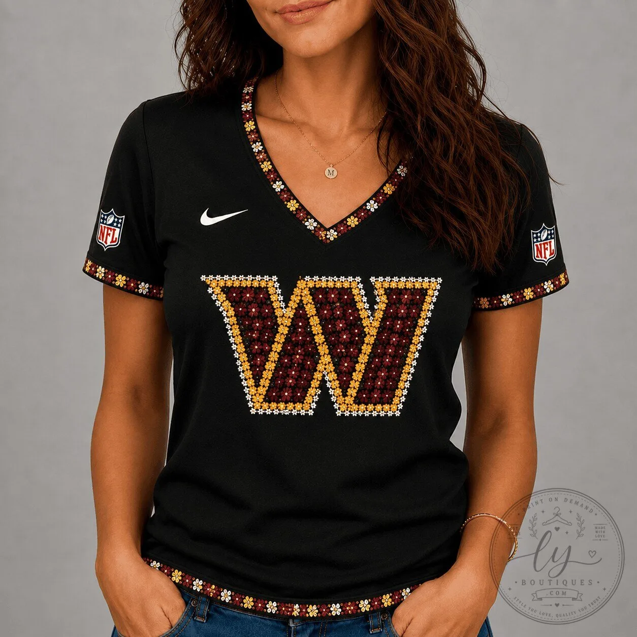 Washington Commanders Floral Logo V-Neck Short Sleeve T-Shirt