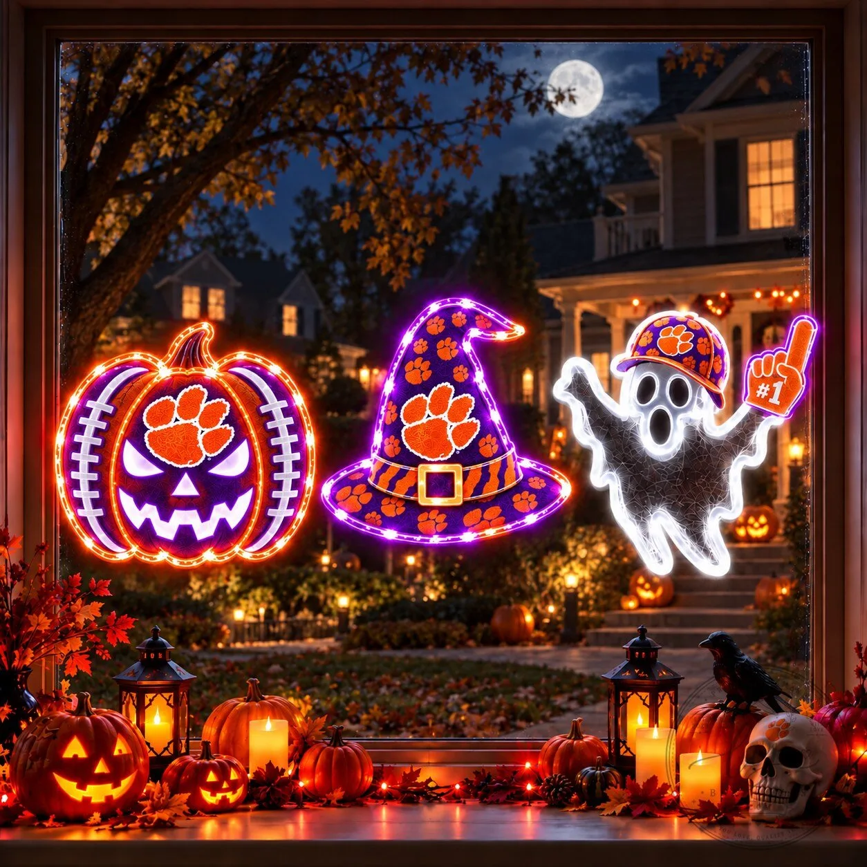 Clemson Tigers Halloween Pumpkin Witch Hat Ghost Window Lights