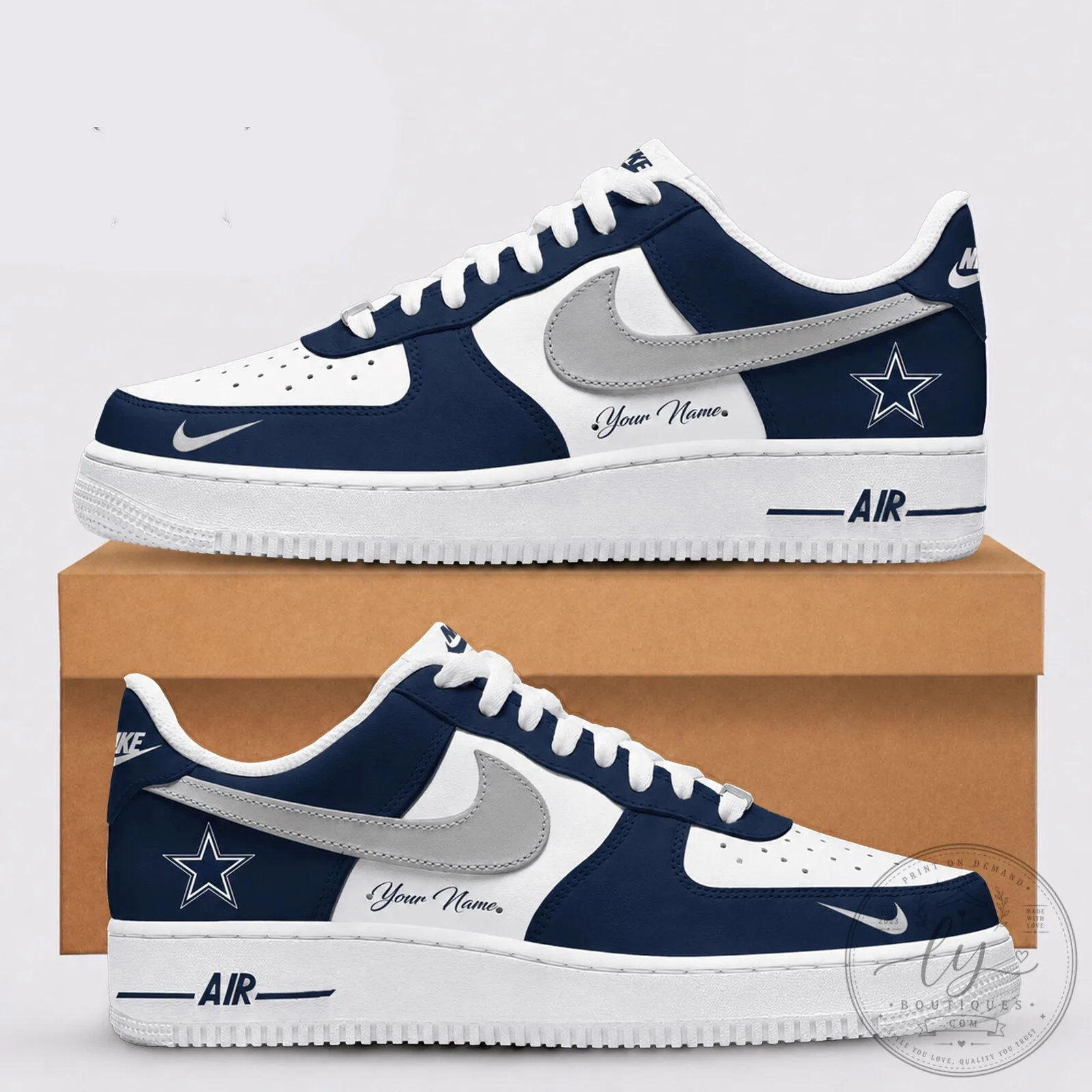 Dallas Cowboys Custom Name Star Logo White and Blue Sneakers