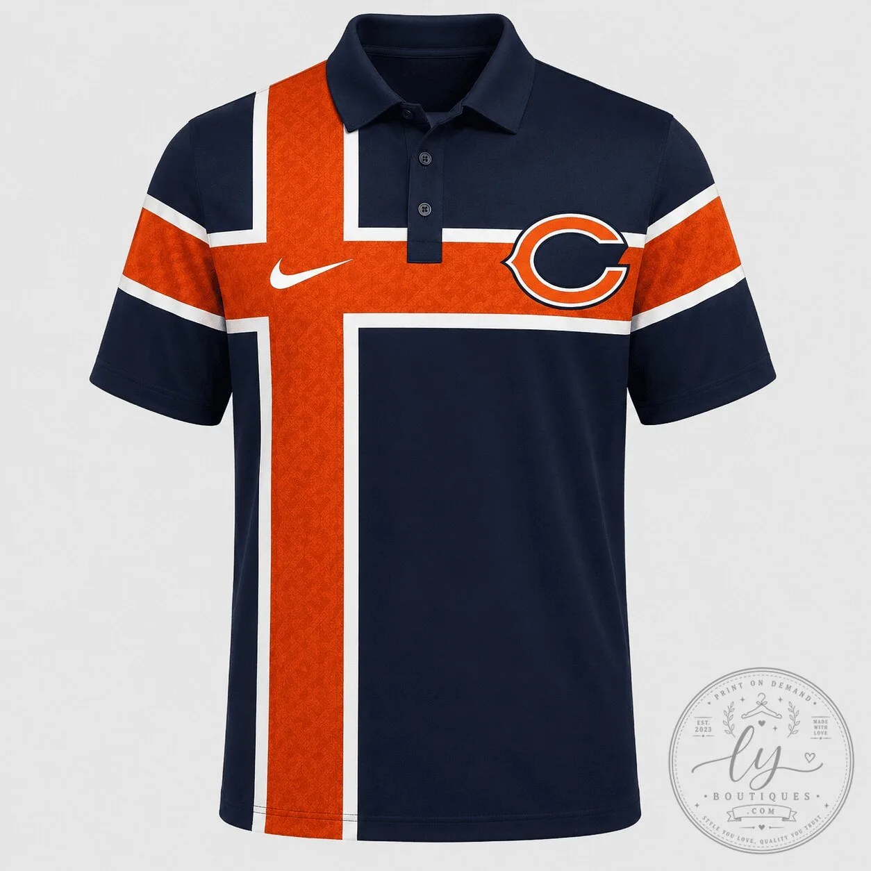 Chicago Bears NFL Football Team Navy Blue and Orange Striped Polo Shirt