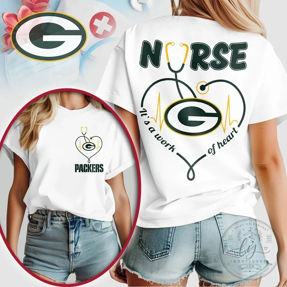 Green Bay Packers Nurse Heart Team Green Shirt for Women 2 Green Bay Packers Nurse Heart Team Green Shirt for Women