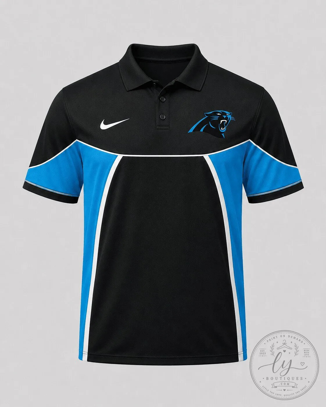 Carolina Panthers NFL Football Team Black and Blue Performance Polo Shirt
