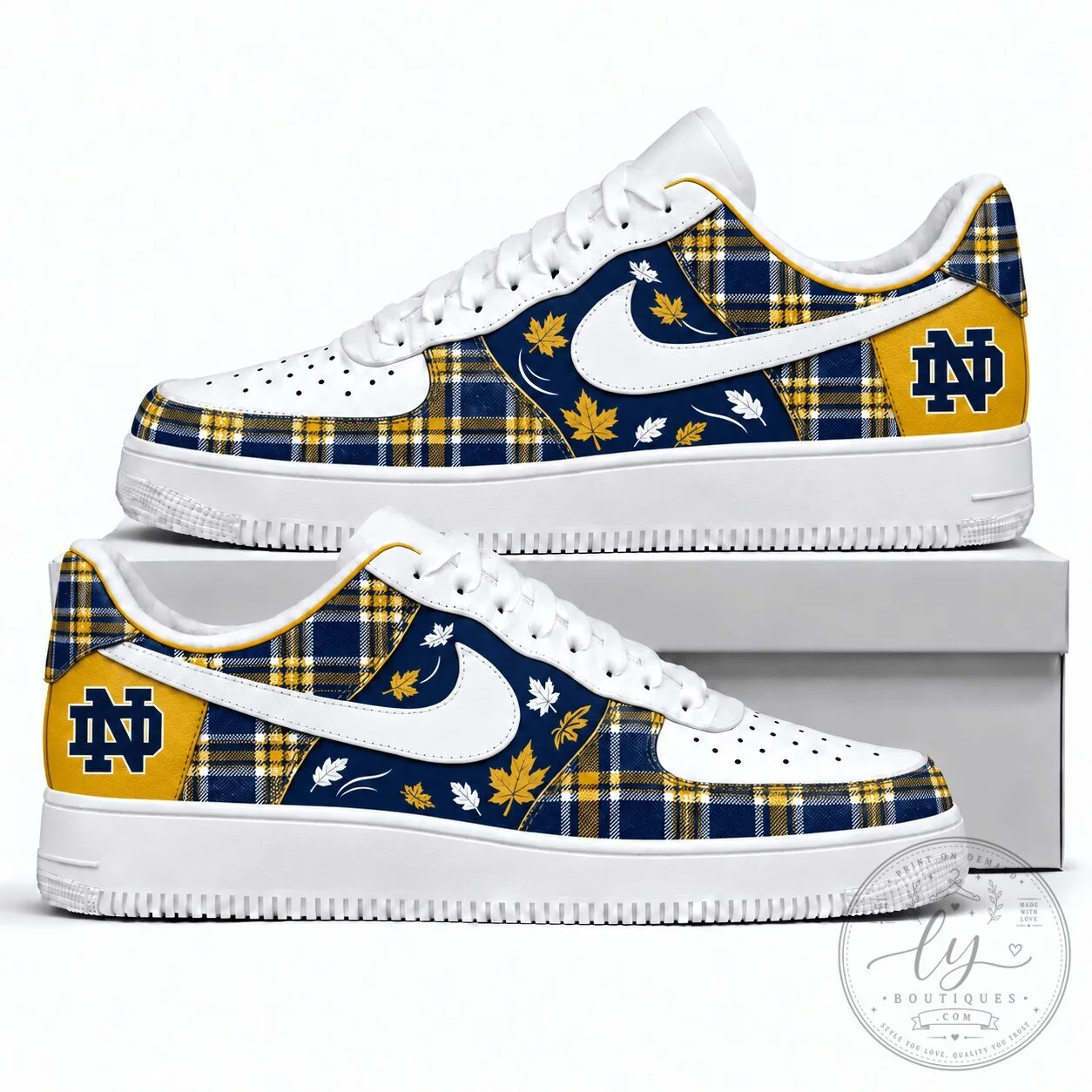 Notre Dame Fighting Irish Plaid Pattern Autumn Leaves Sneakers