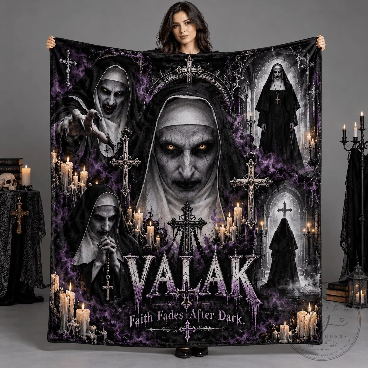 Fleece Blanket Featuring Valak The Nun Portrait and Crosses from Horror Movie
