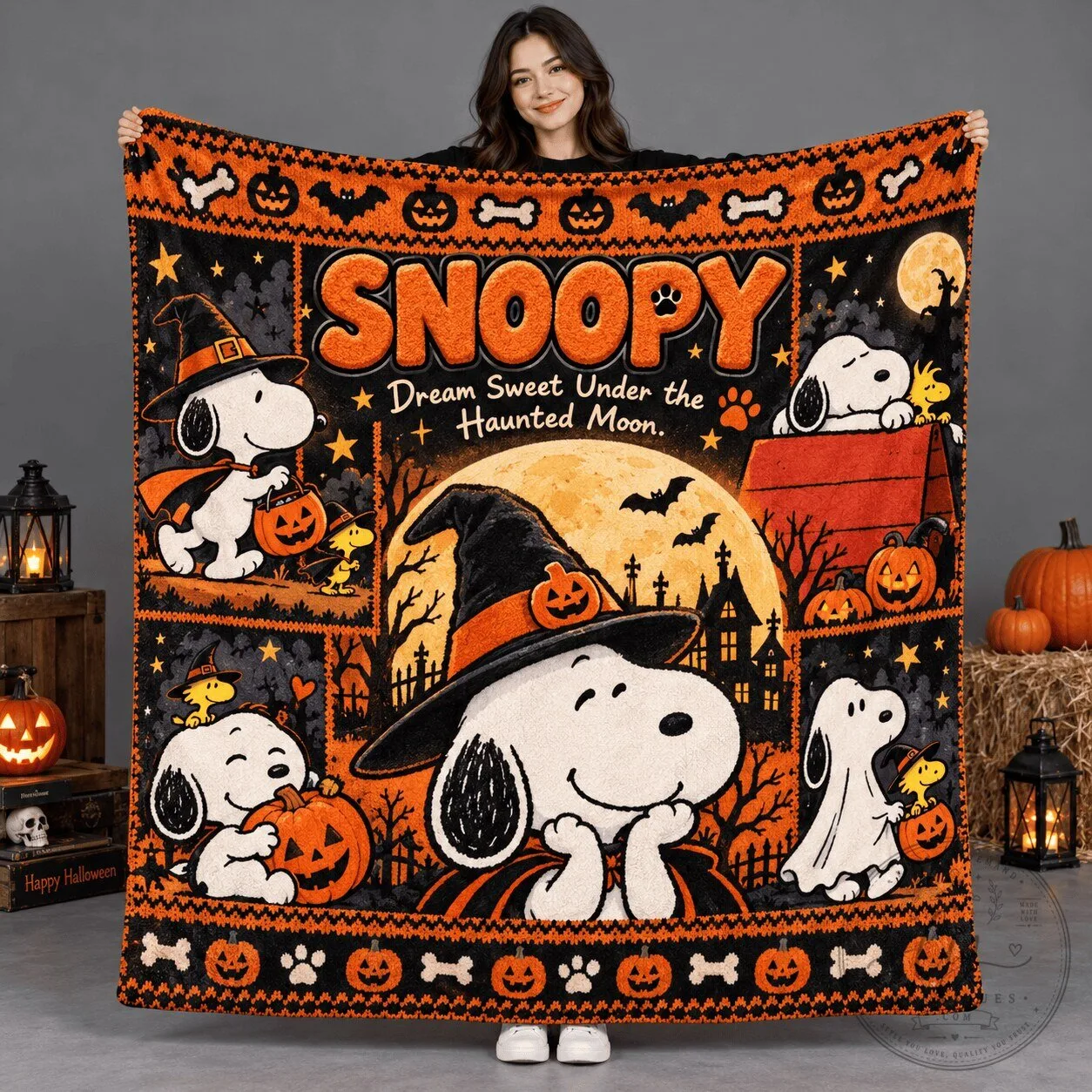 Snoopy Dream Sweet Under Haunted Moon Halloween Fleece Blanket