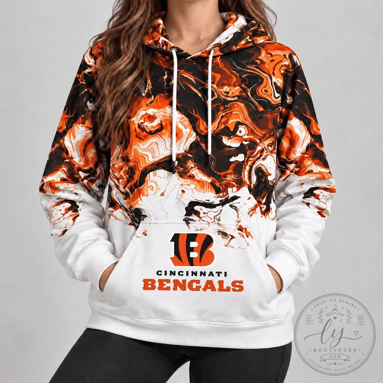 Cincinnati Bengals NFL Team Colors Lava Flow Pattern White Hoodie