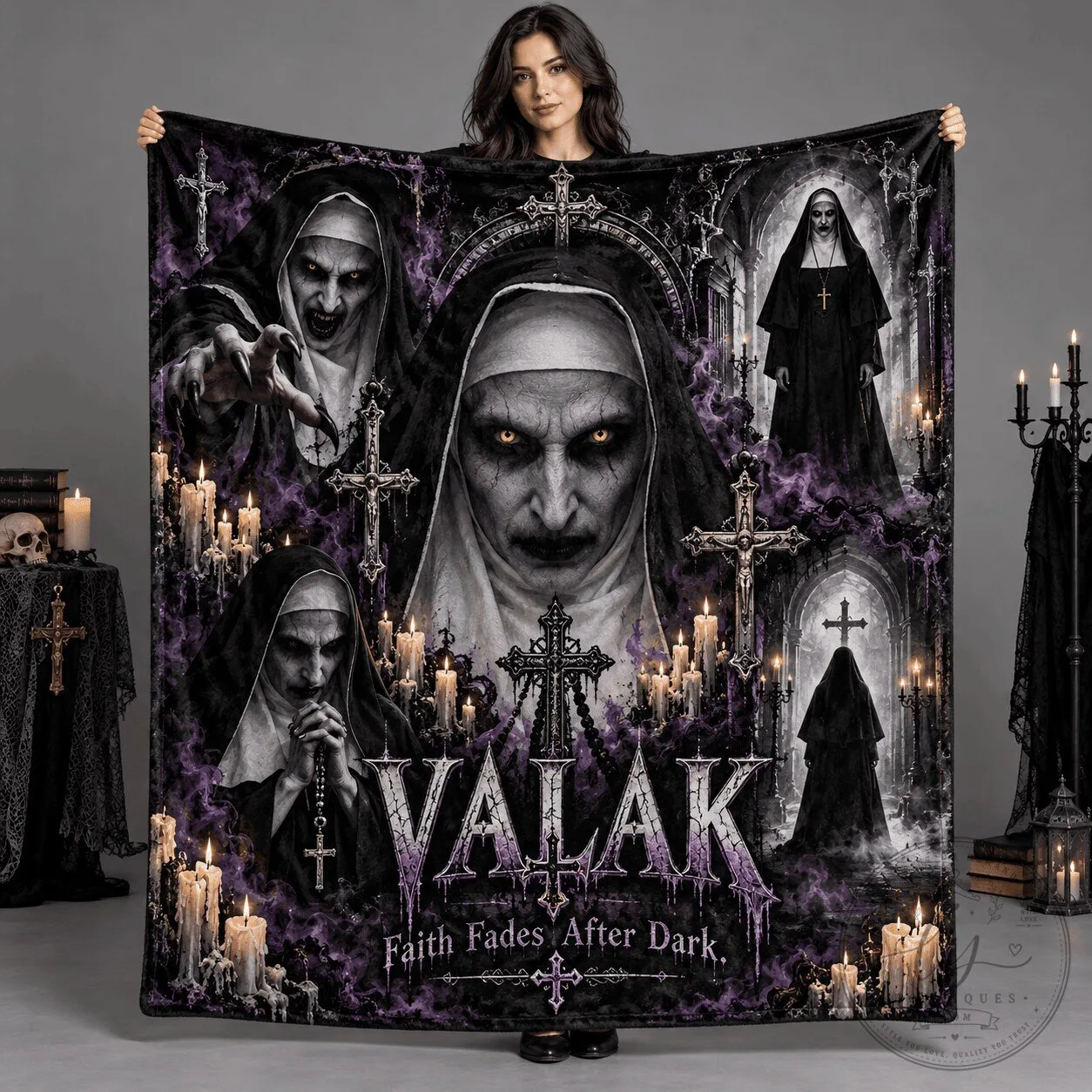 Valak The Nun Horror Movie Purple Portrait And Crosses Fleece Blanket