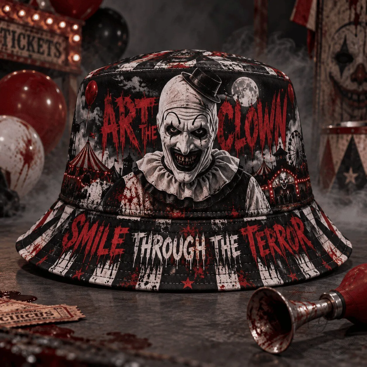 Art The Clown Smile Through The Terror Horror Bucket Hat 1 Art The Clown Smile Through The Terror Horror Bucket Hat