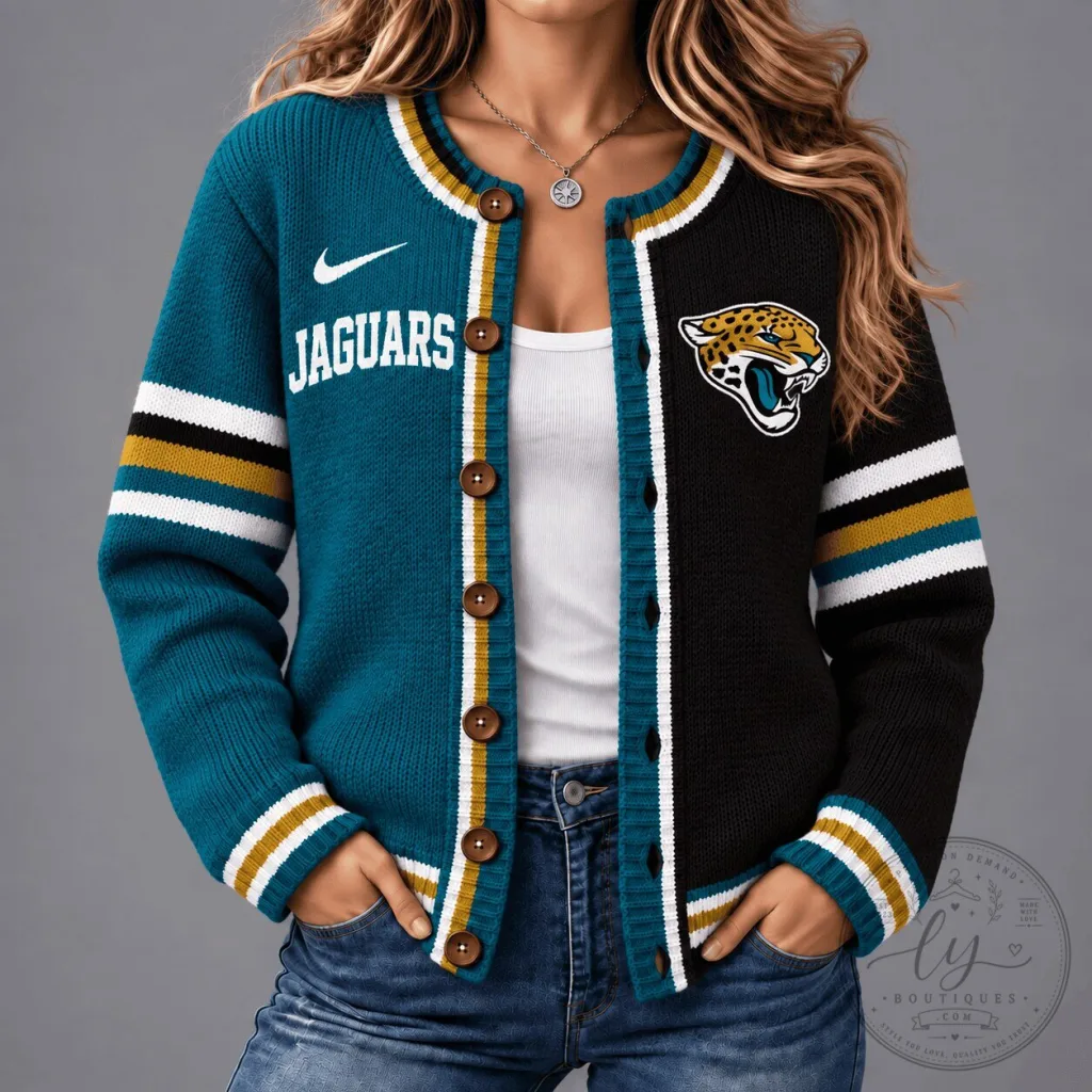 Jacksonville Jaguars Women's Teal and Black Split Cardigan Sweater Jacksonville Jaguars Women's Teal and Black Split Cardigan Sweater